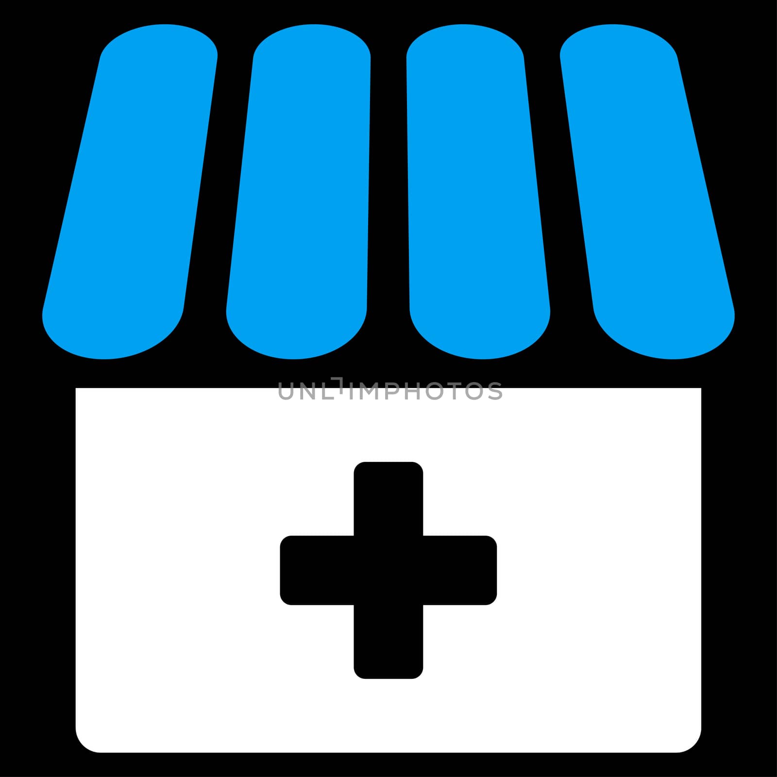 Drugstore raster icon. Style is bicolor flat symbol, blue and white colors, rounded angles, black background.