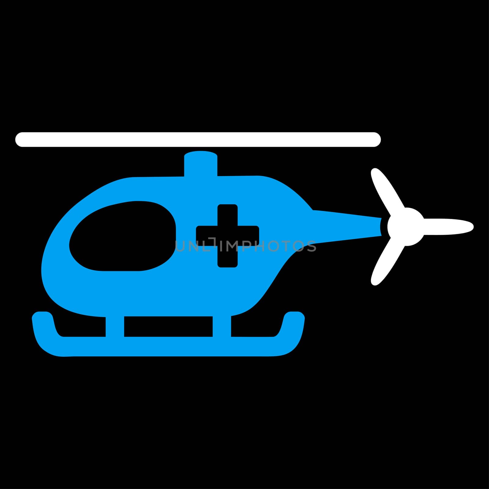 Emergency Helicopter raster icon. Style is bicolor flat symbol, blue and white colors, rounded angles, black background.