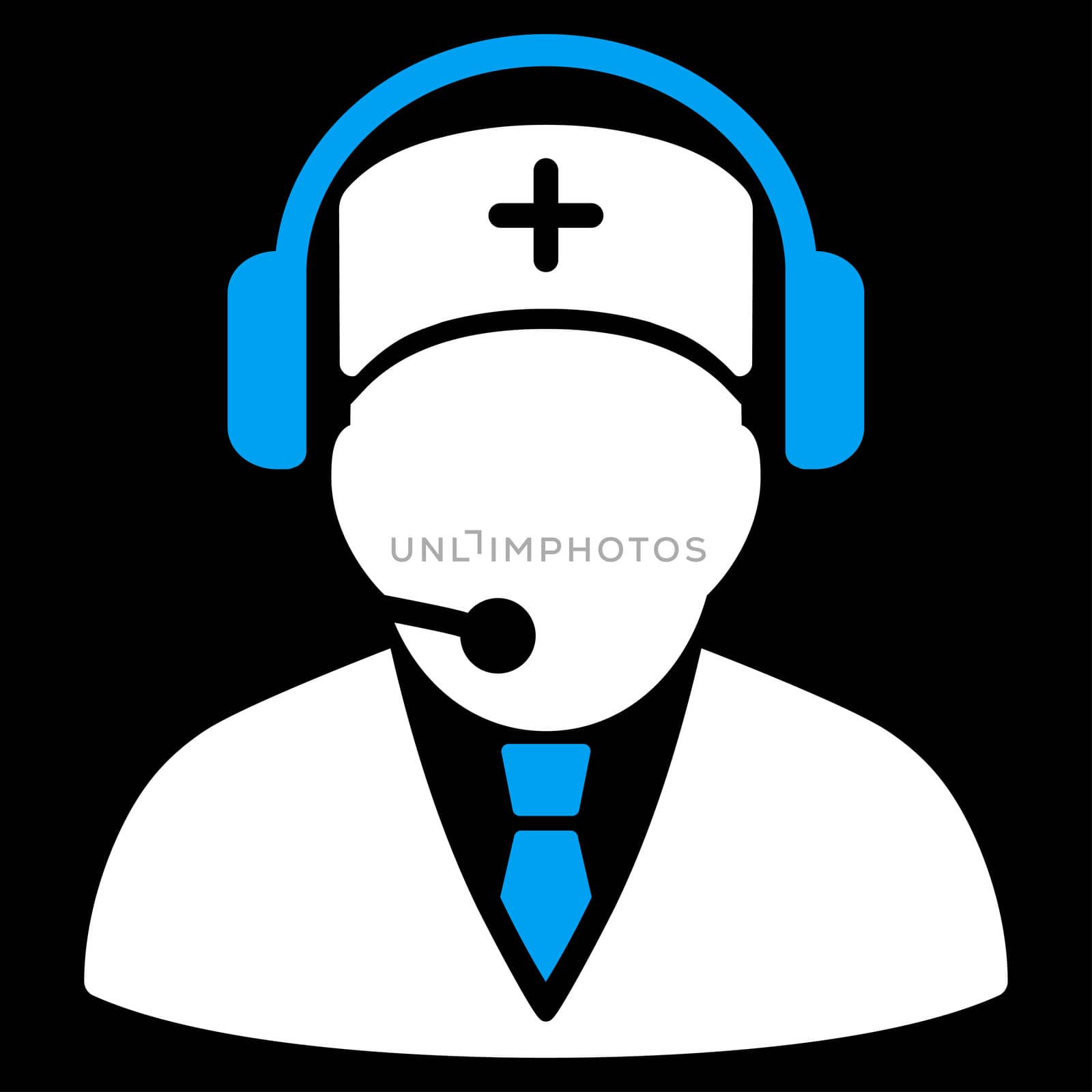 Emergency Operator raster icon. Style is bicolor flat symbol, blue and white colors, rounded angles, black background.