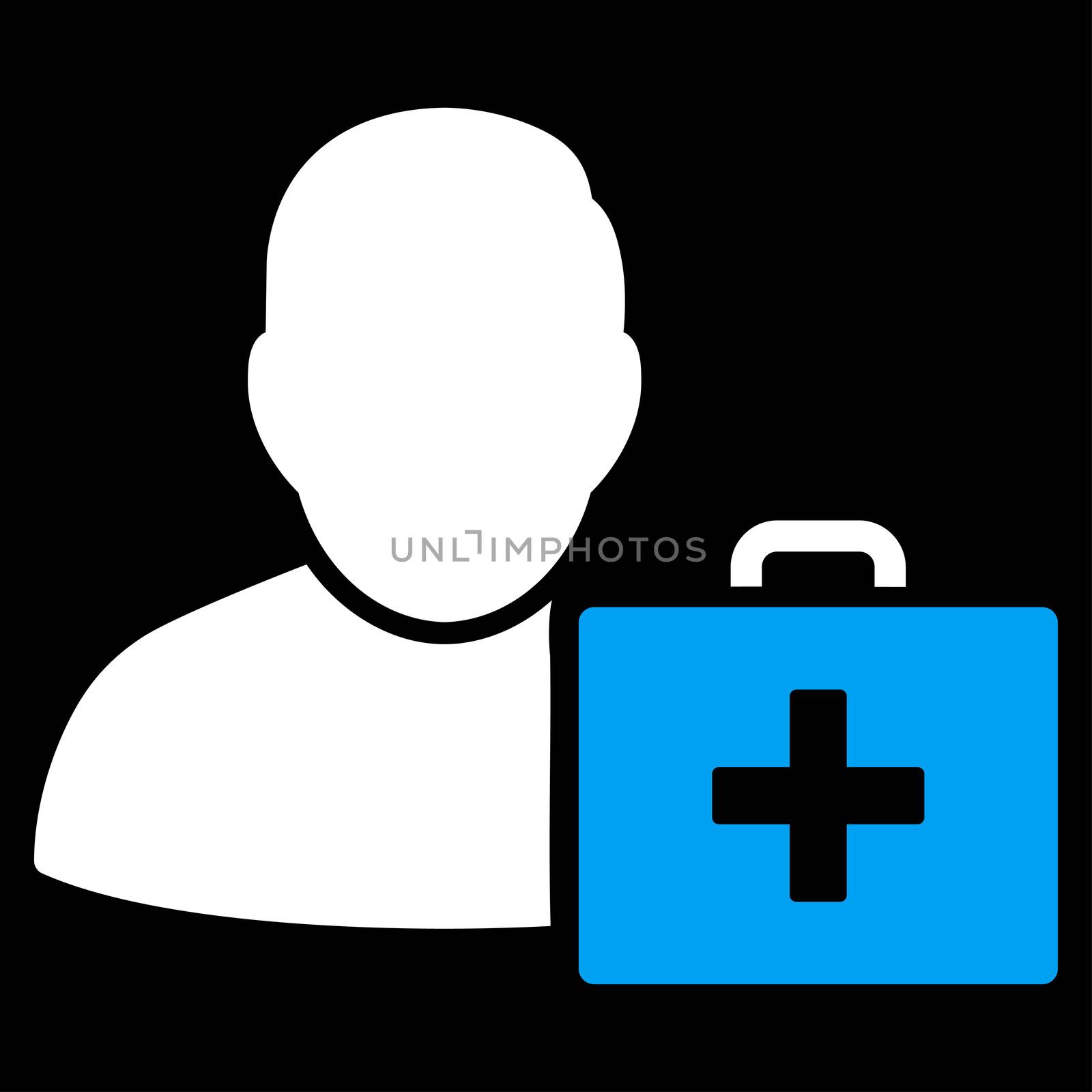 First Aid Man raster icon. Style is bicolor flat symbol, blue and white colors, rounded angles, black background.