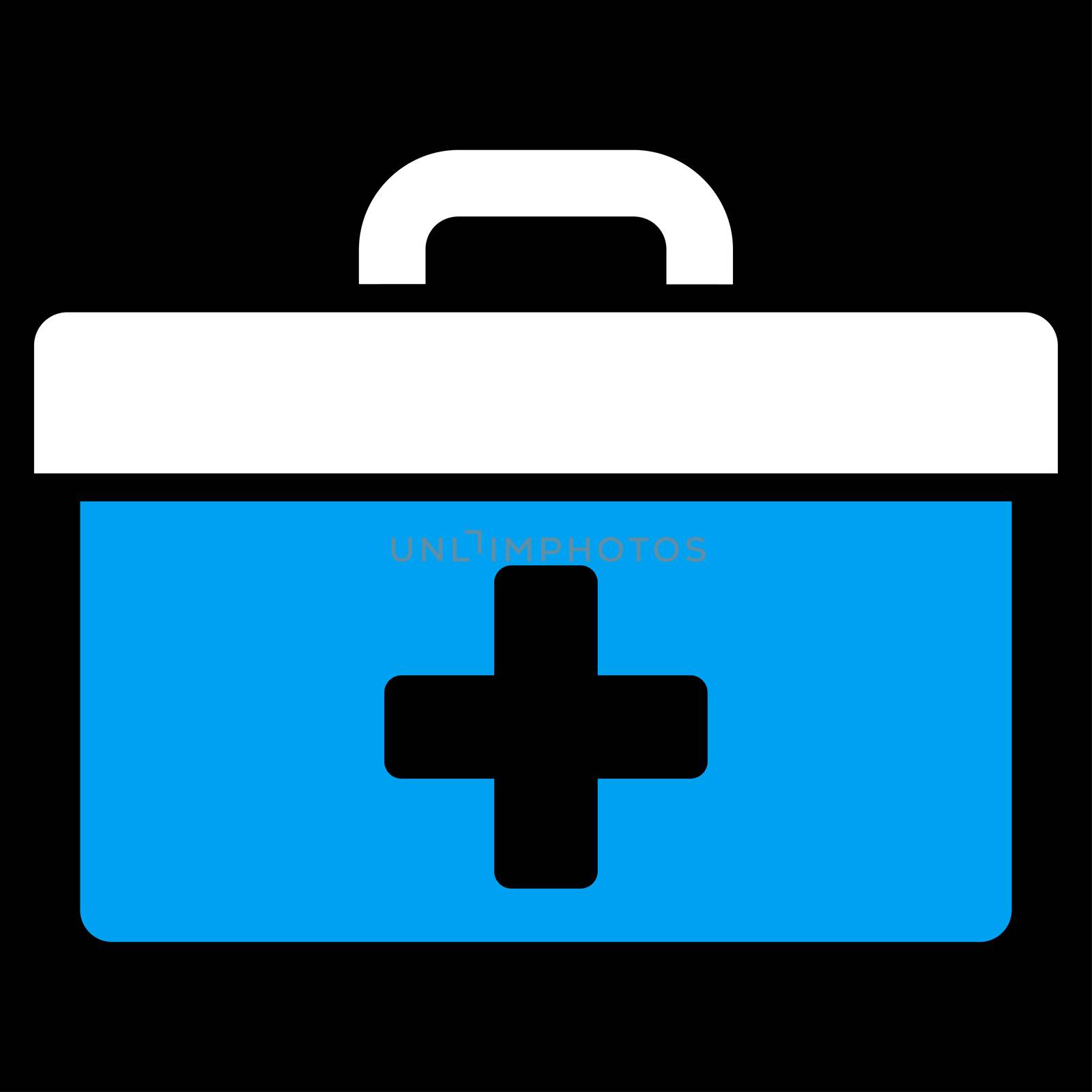 First Aid Toolbox raster icon. Style is bicolor flat symbol, blue and white colors, rounded angles, black background.