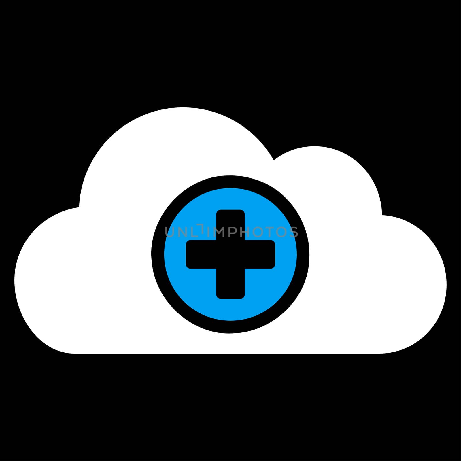 Health Care Cloud raster icon. Style is bicolor flat symbol, blue and white colors, rounded angles, black background.