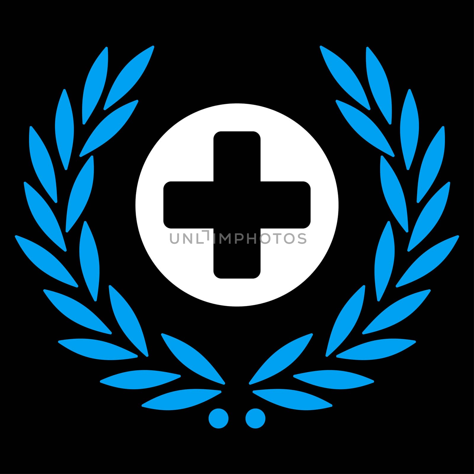Health Care Embleme raster icon. Style is bicolor flat symbol, blue and white colors, rounded angles, black background.
