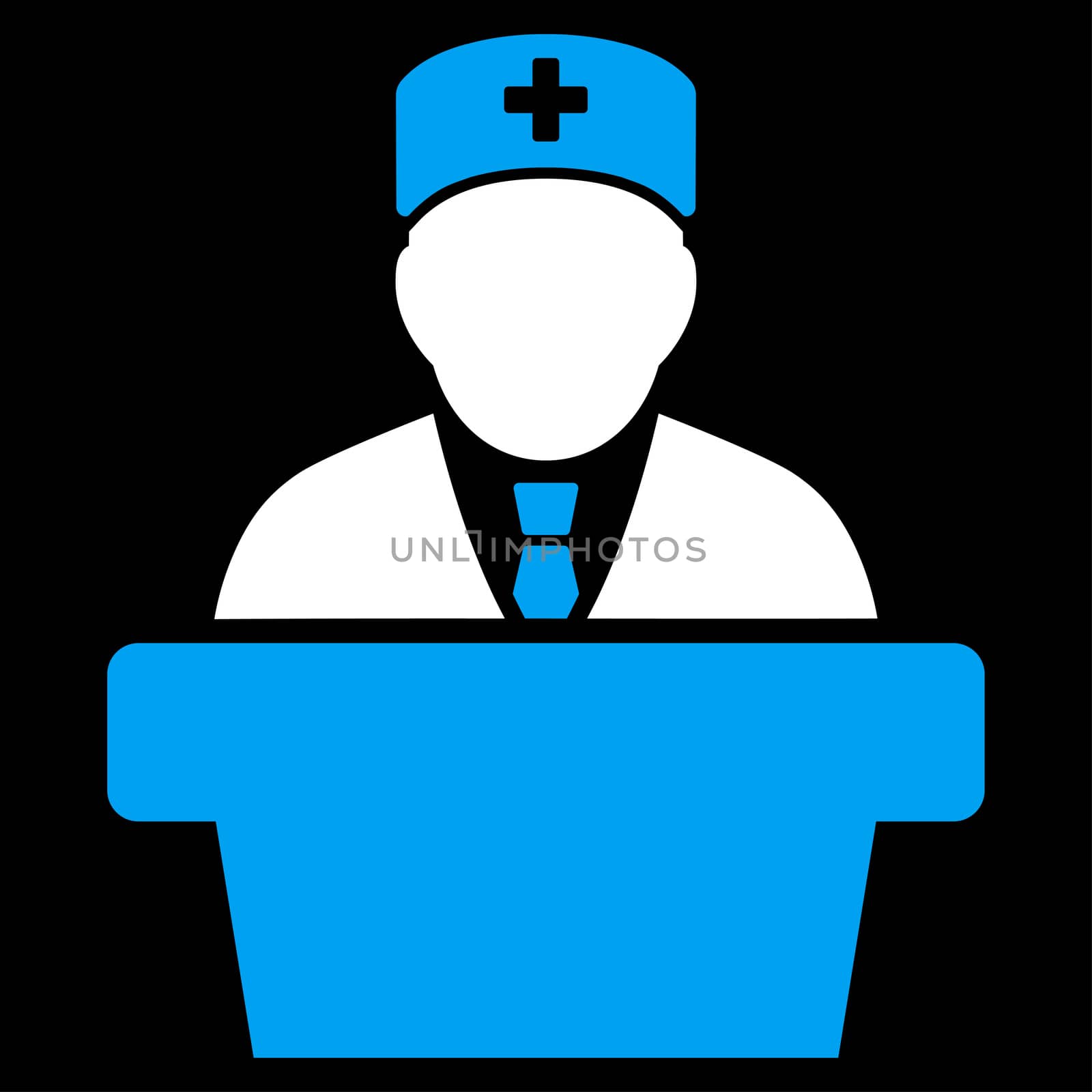 Health Care Official raster icon. Style is bicolor flat symbol, blue and white colors, rounded angles, black background.