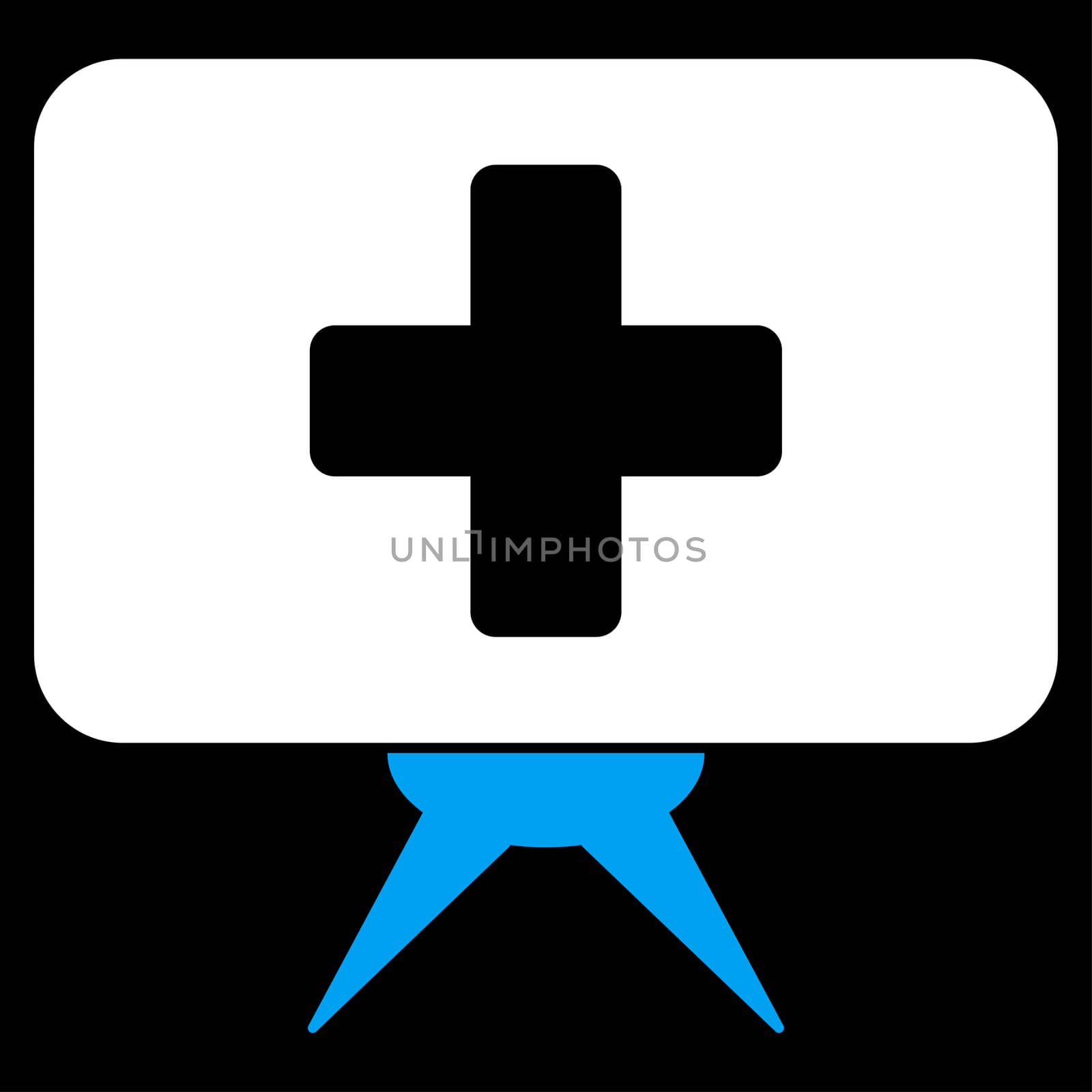 Health Care Presentation raster icon. Style is bicolor flat symbol, blue and white colors, rounded angles, black background.