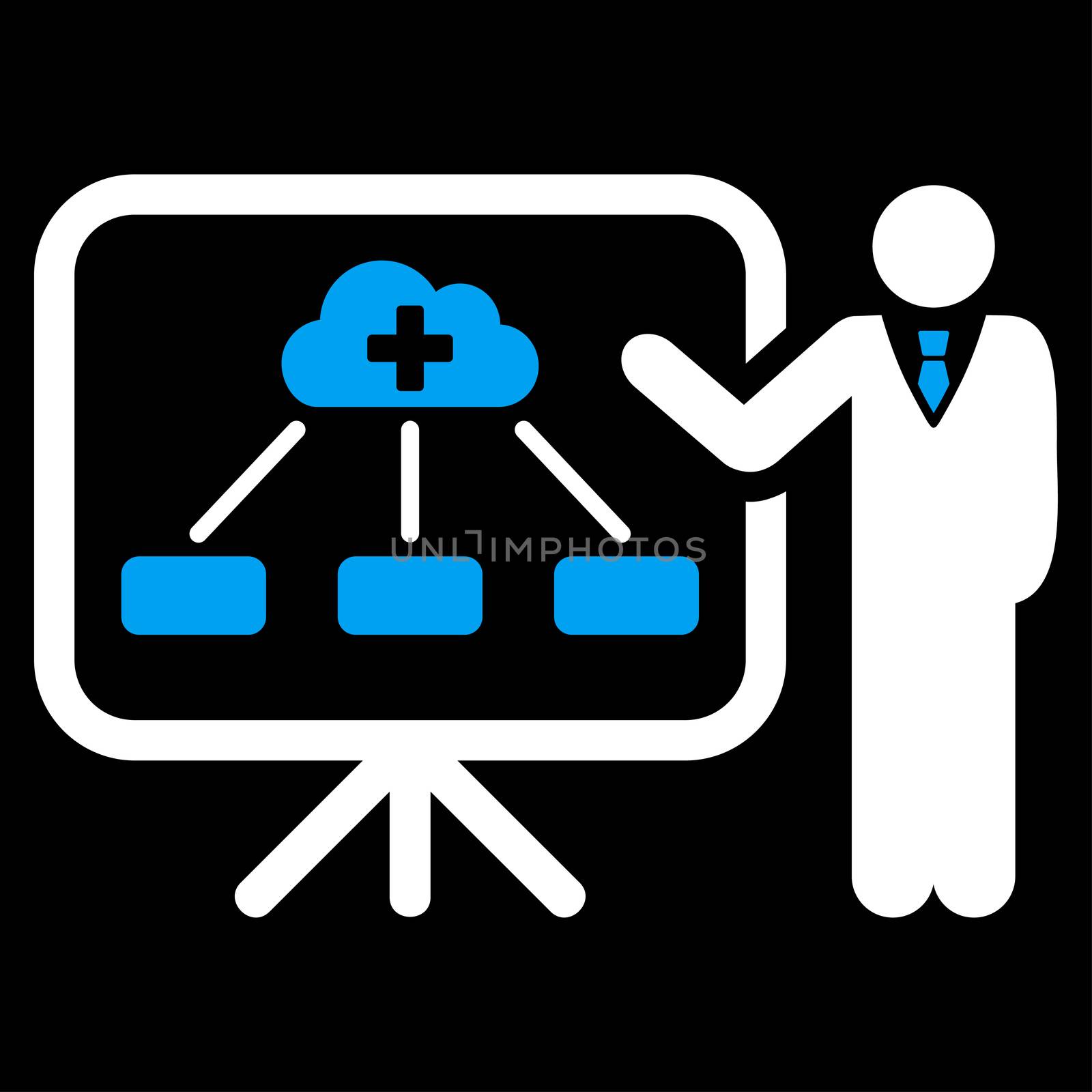 Health Care Report raster icon. Style is bicolor flat symbol, blue and white colors, rounded angles, black background.
