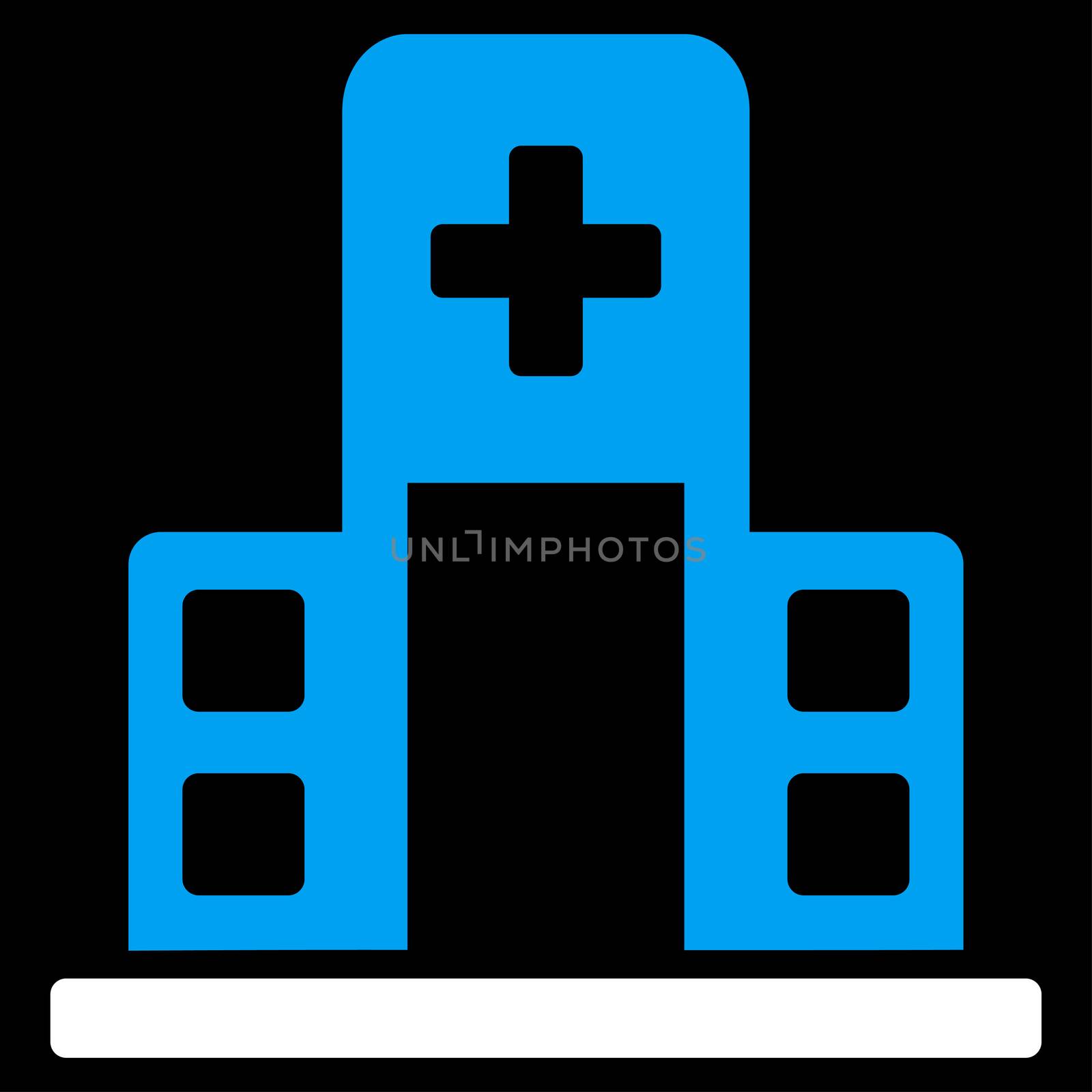 Hospital Building raster icon. Style is bicolor flat symbol, blue and white colors, rounded angles, black background.