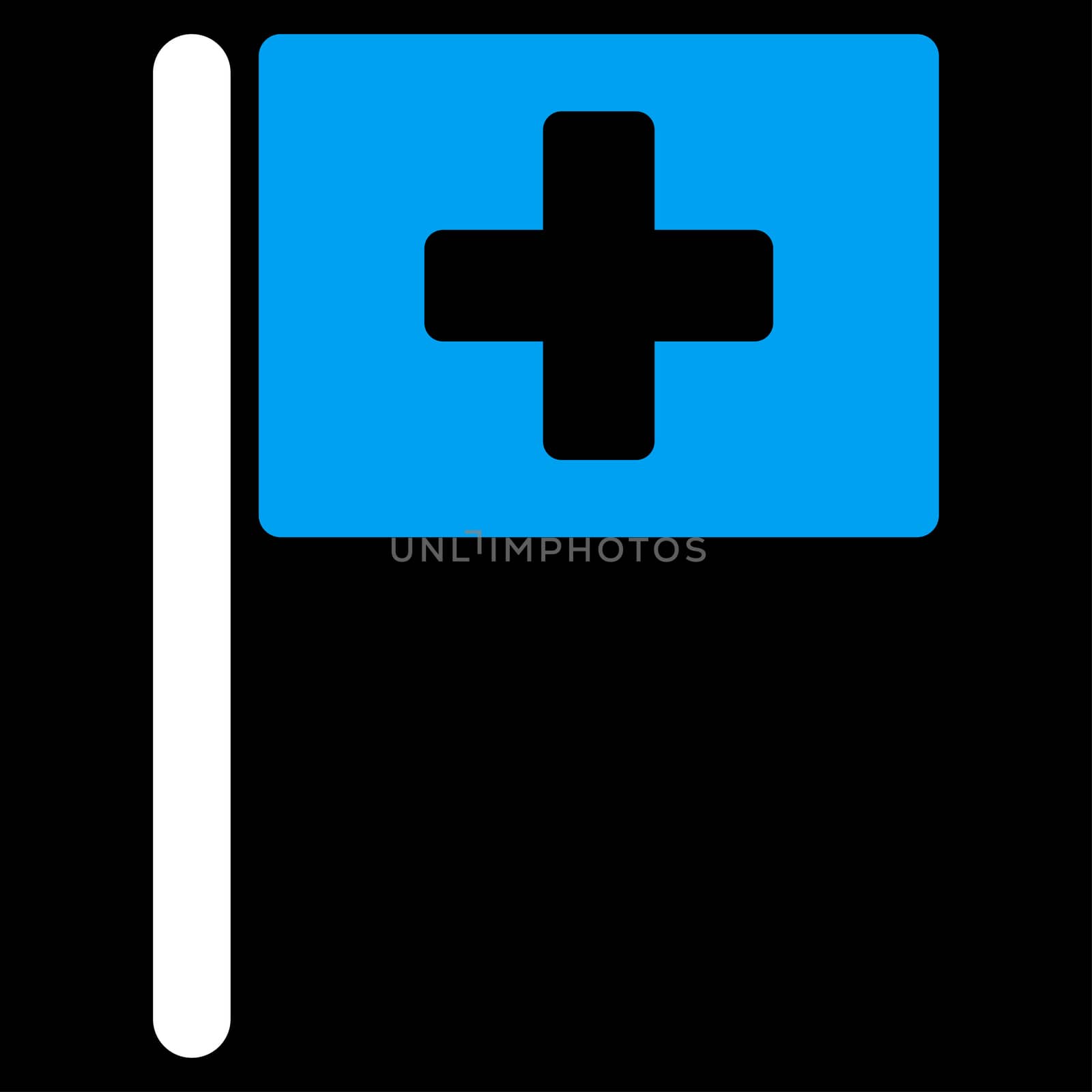 Hospital Flag raster icon. Style is bicolor flat symbol, blue and white colors, rounded angles, black background.