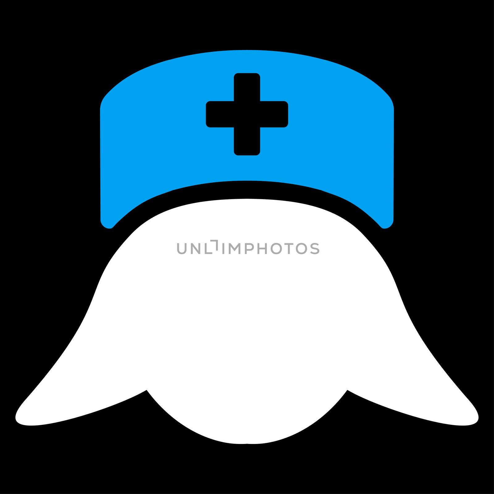 Hospital Nurse Head raster icon. Style is bicolor flat symbol, blue and white colors, rounded angles, black background.