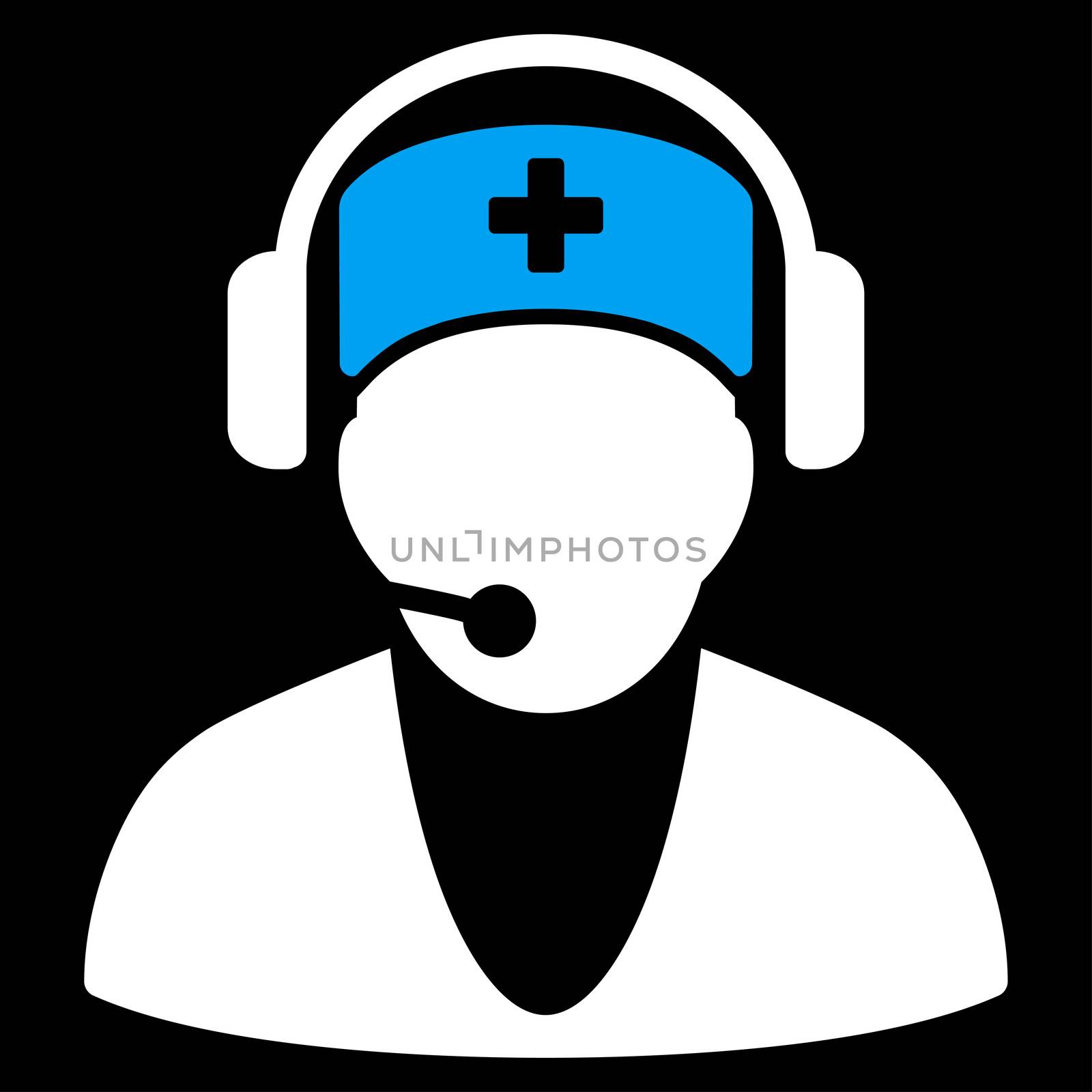 Hospital Receptionist raster icon. Style is bicolor flat symbol, blue and white colors, rounded angles, black background.