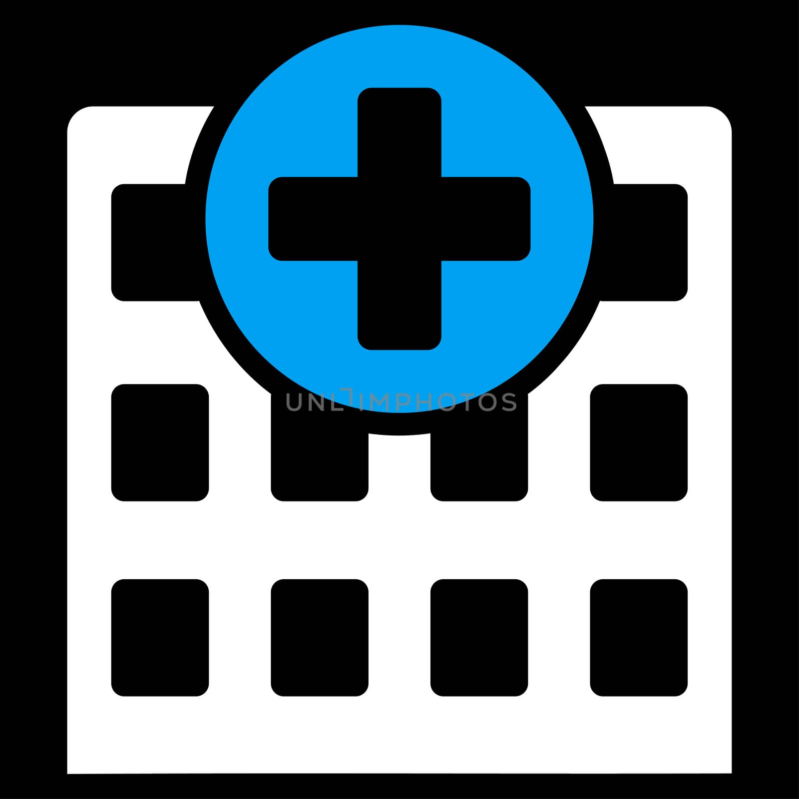 Hospital raster icon. Style is bicolor flat symbol, blue and white colors, rounded angles, black background.
