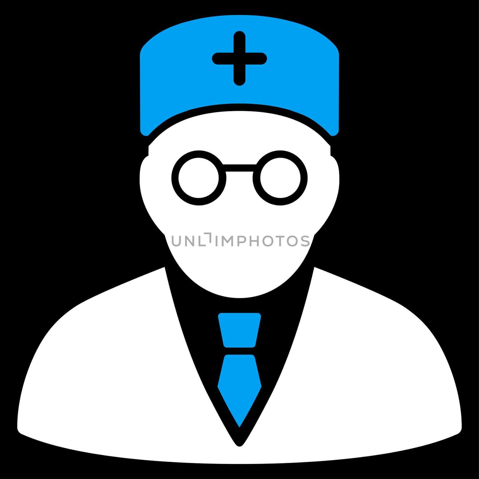 Main Physician raster icon. Style is bicolor flat symbol, blue and white colors, rounded angles, black background.