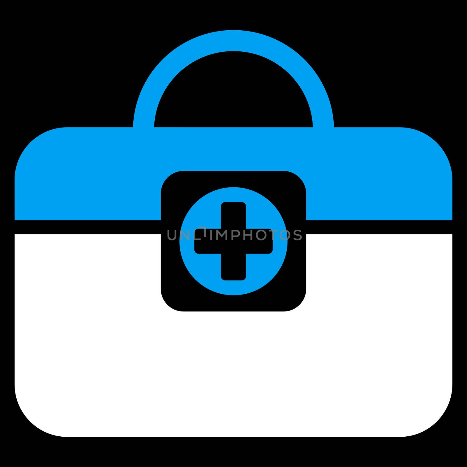 Medic Case raster icon. Style is bicolor flat symbol, blue and white colors, rounded angles, black background.