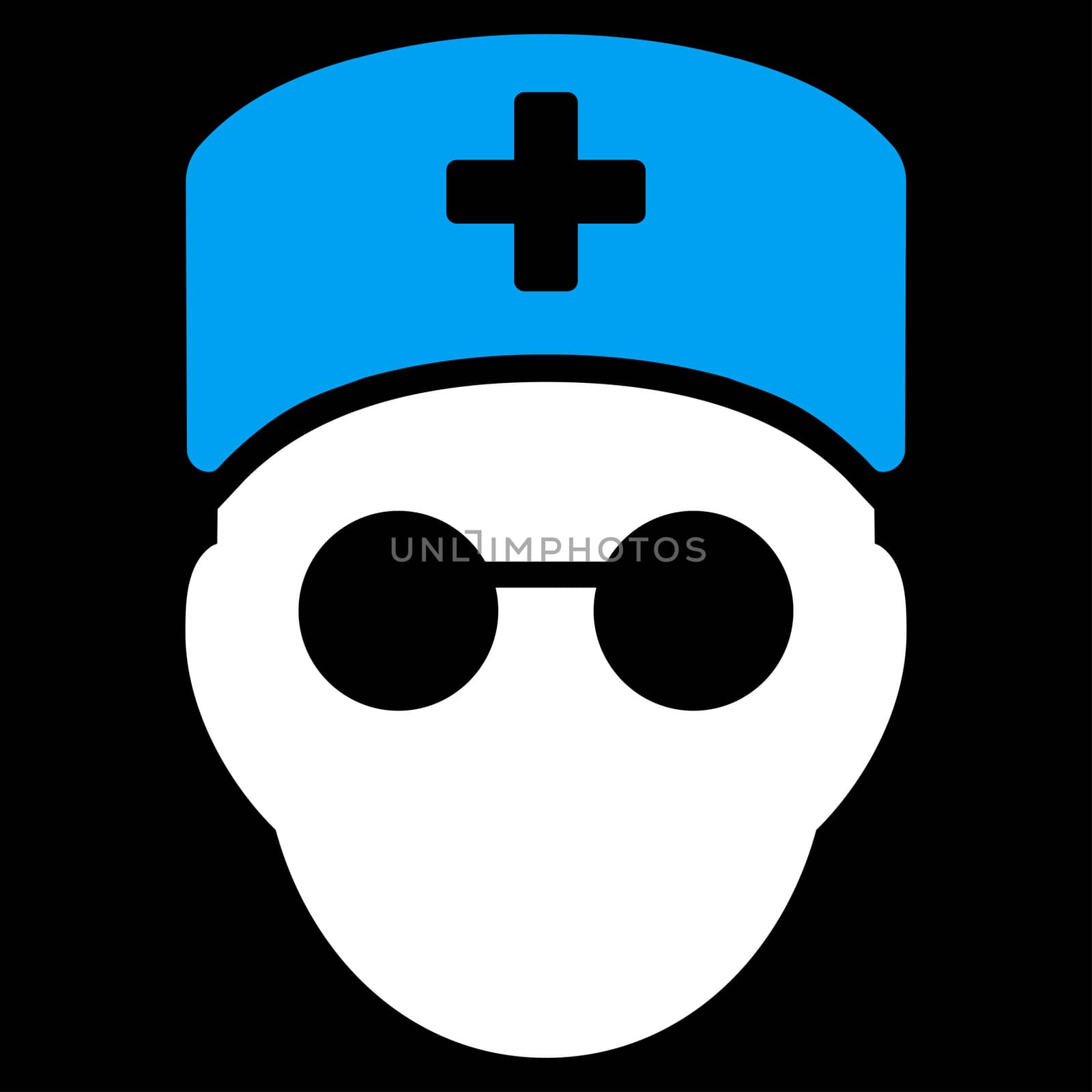 Medic Head raster icon. Style is bicolor flat symbol, blue and white colors, rounded angles, black background.