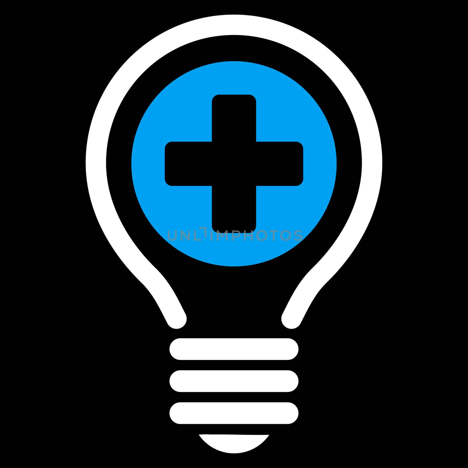 Medical Bulb raster icon. Style is bicolor flat symbol, blue and white colors, rounded angles, black background.