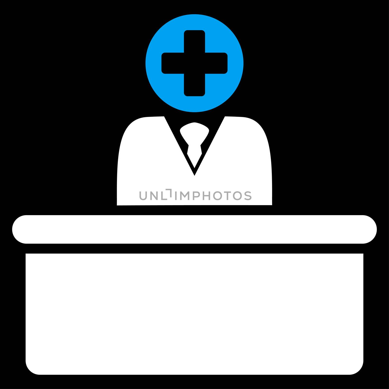 Medical Bureaucrat raster icon. Style is bicolor flat symbol, blue and white colors, rounded angles, black background.