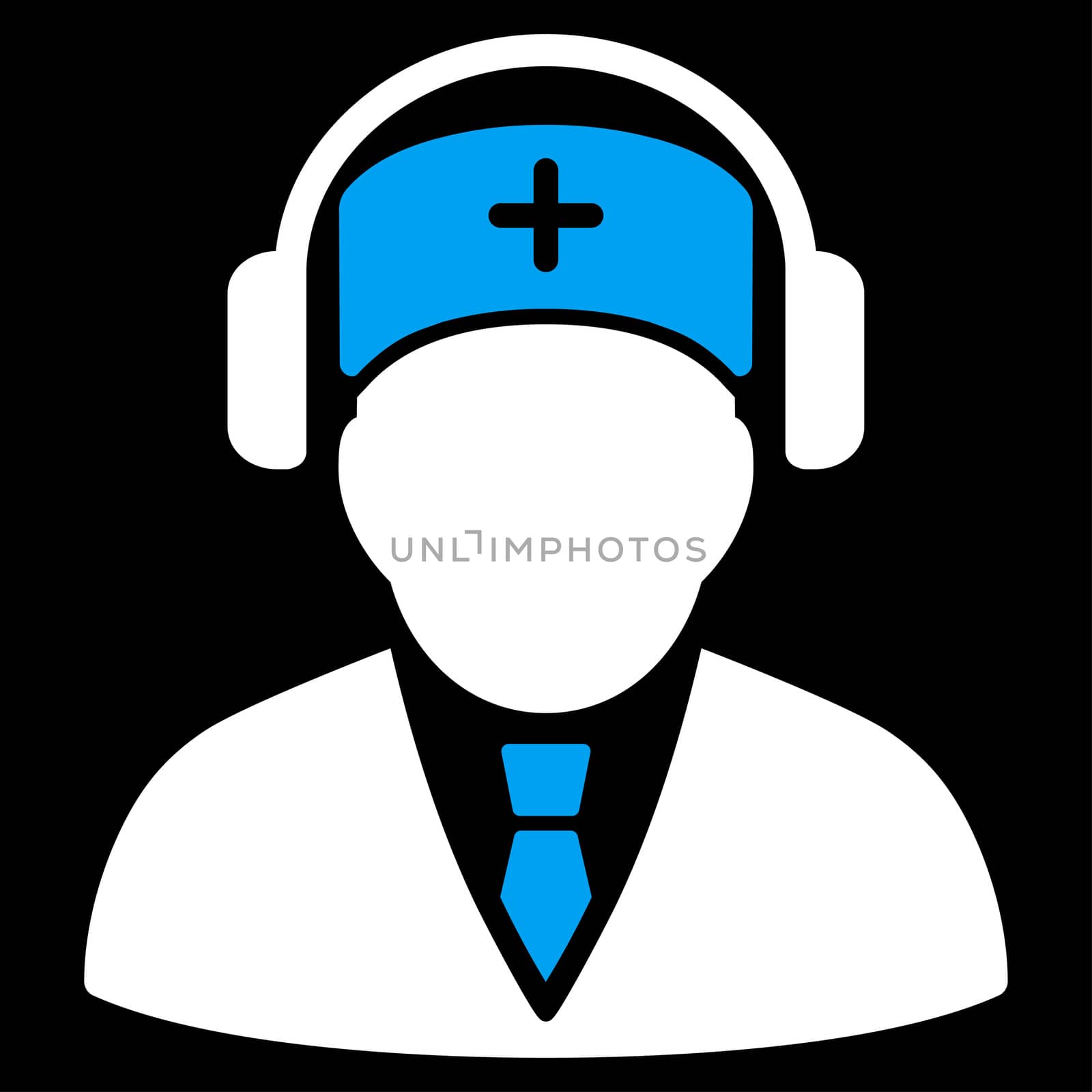 Medical Call Center raster icon. Style is bicolor flat symbol, blue and white colors, rounded angles, black background.
