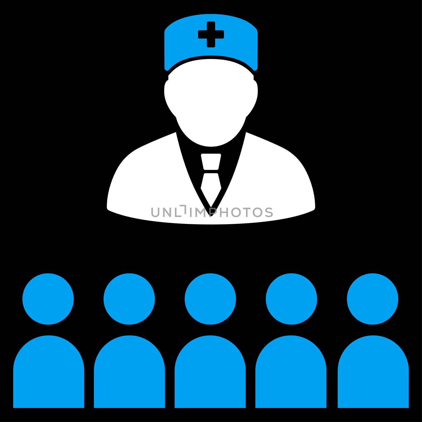 Medical Class raster icon. Style is bicolor flat symbol, blue and white colors, rounded angles, black background.