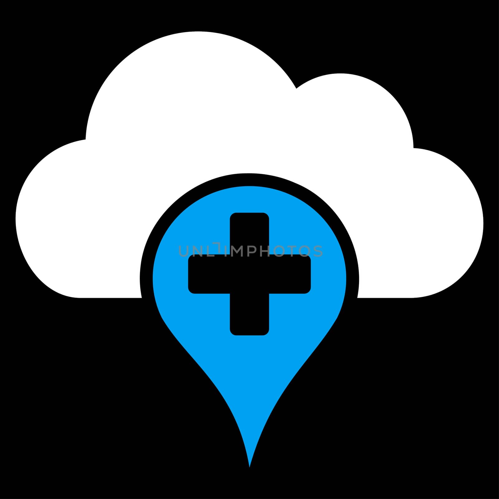 Medical Cloud raster icon. Style is bicolor flat symbol, blue and white colors, rounded angles, black background.