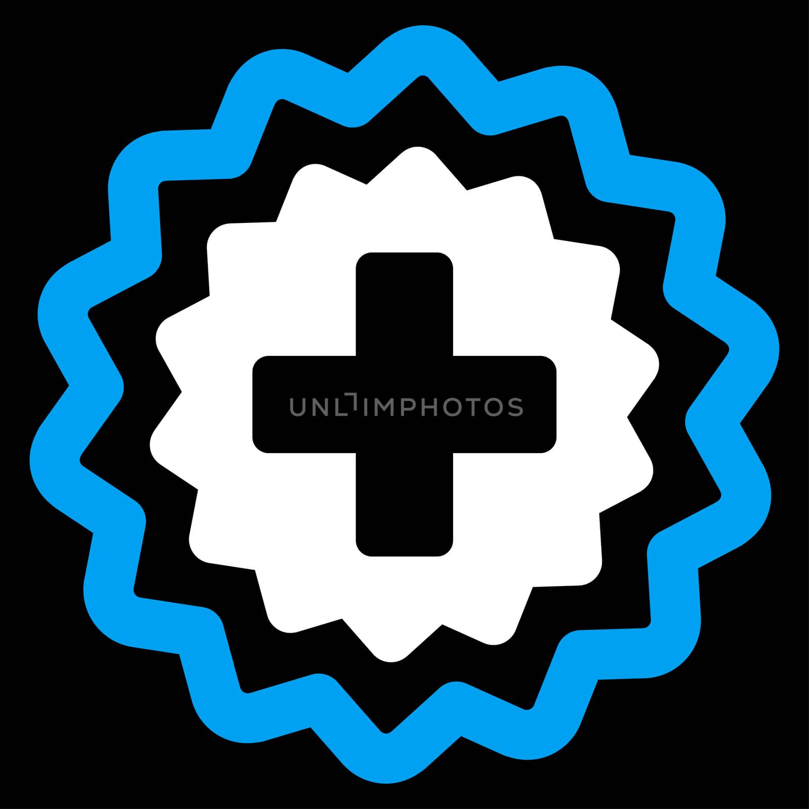 Medical Cross Stamp raster icon. Style is bicolor flat symbol, blue and white colors, rounded angles, black background.