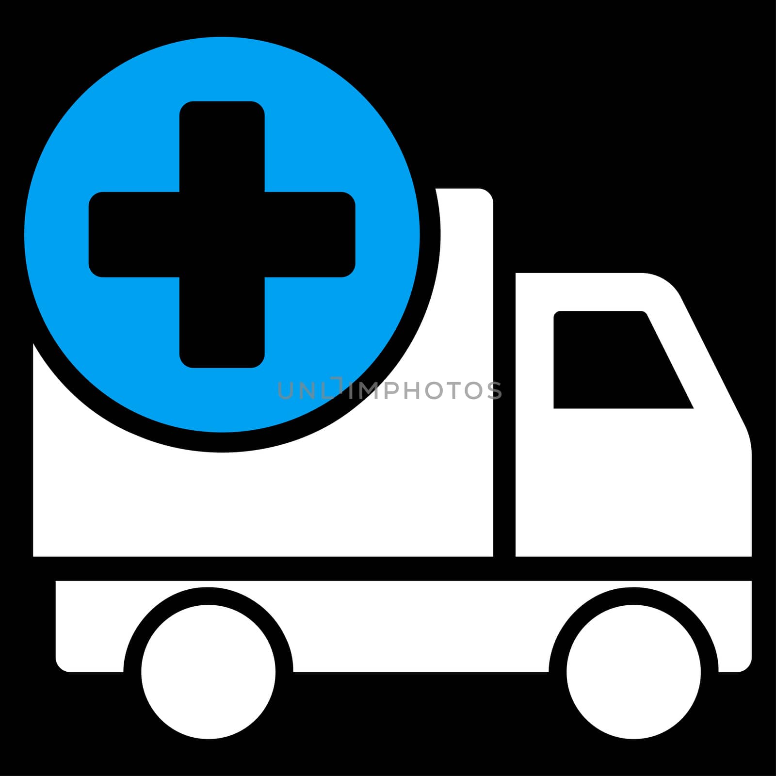 Medical Delivery raster icon. Style is bicolor flat symbol, blue and white colors, rounded angles, black background.