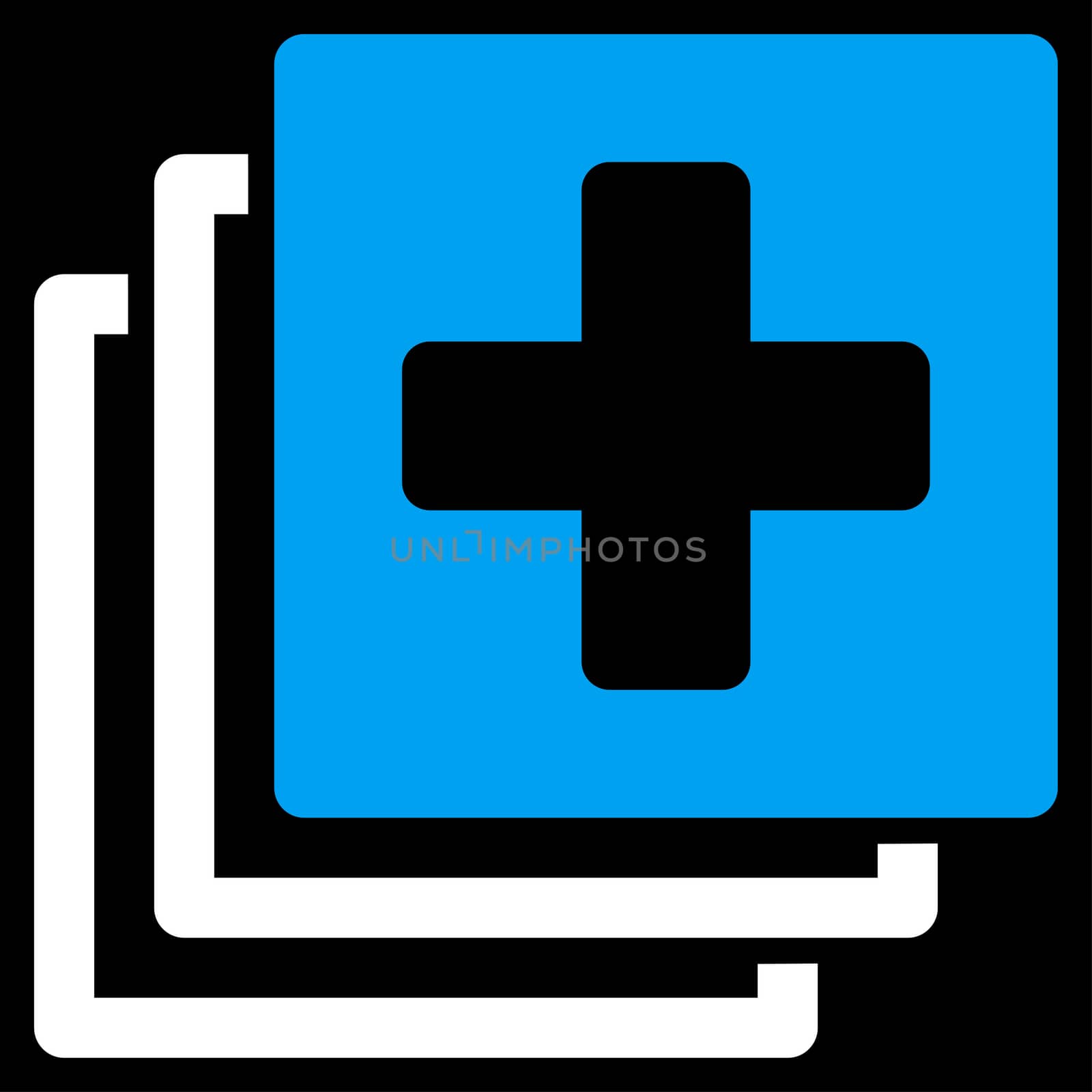Medical Documents raster icon. Style is bicolor flat symbol, blue and white colors, rounded angles, black background.