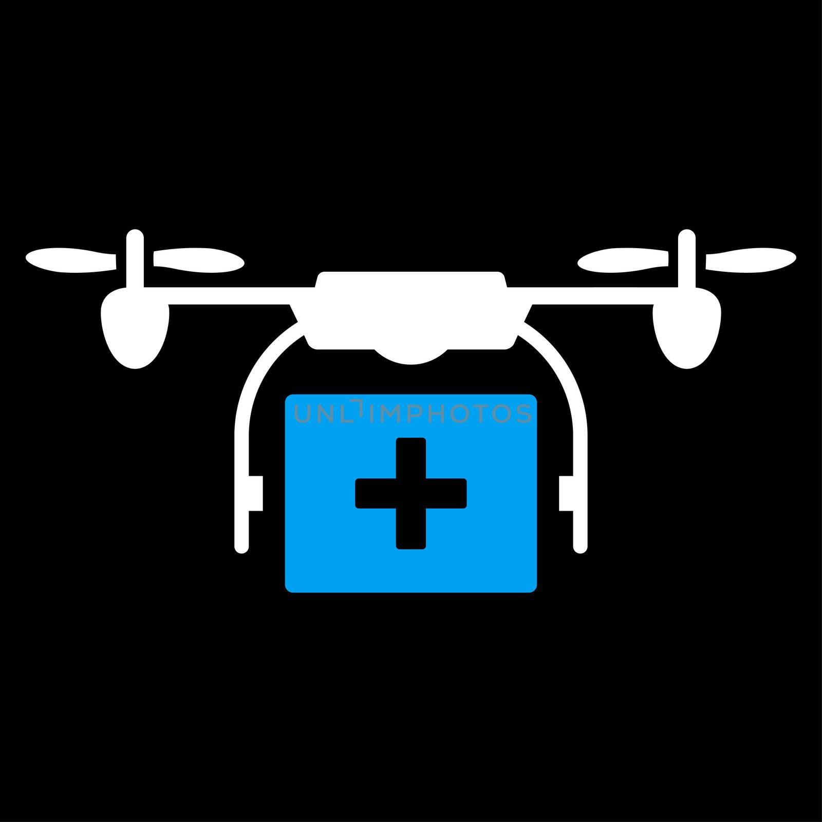 Medical Drone Shipment raster icon. Style is bicolor flat symbol, blue and white colors, rounded angles, black background.