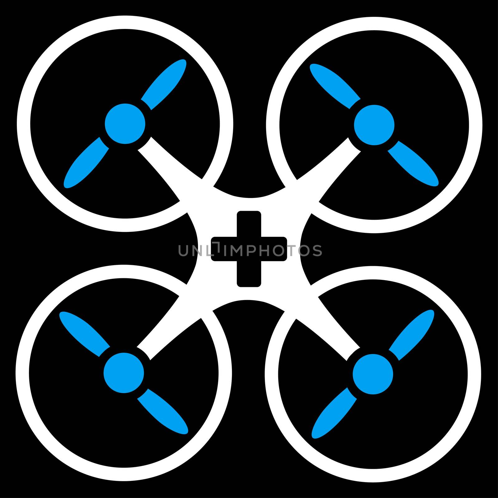 Medical Drone raster icon. Style is bicolor flat symbol, blue and white colors, rounded angles, black background.