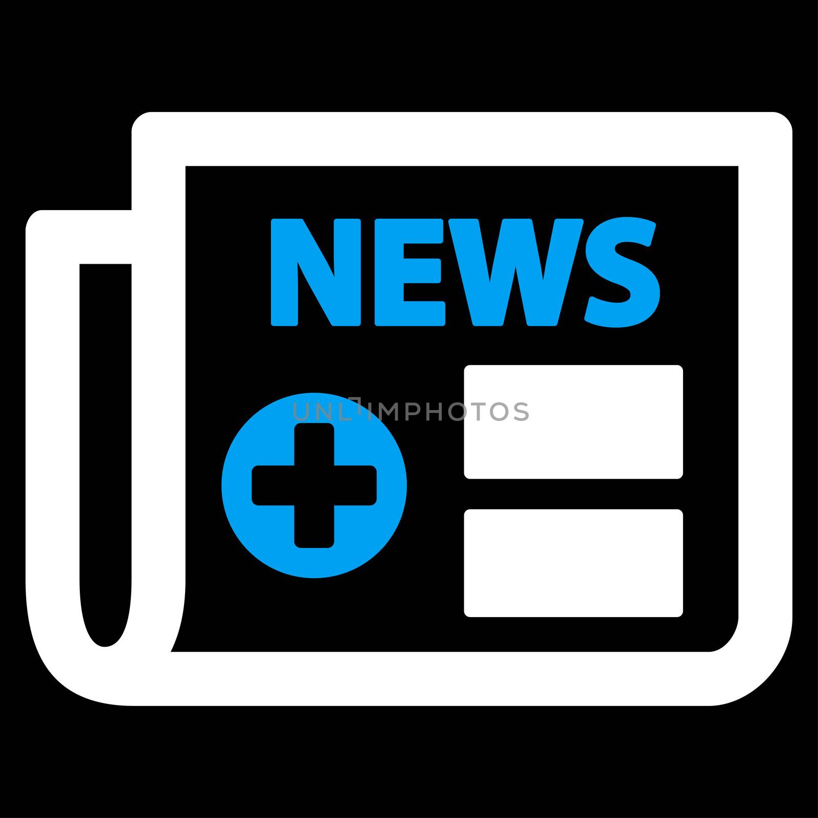 Medical Newspaper raster icon. Style is bicolor flat symbol, blue and white colors, rounded angles, black background.