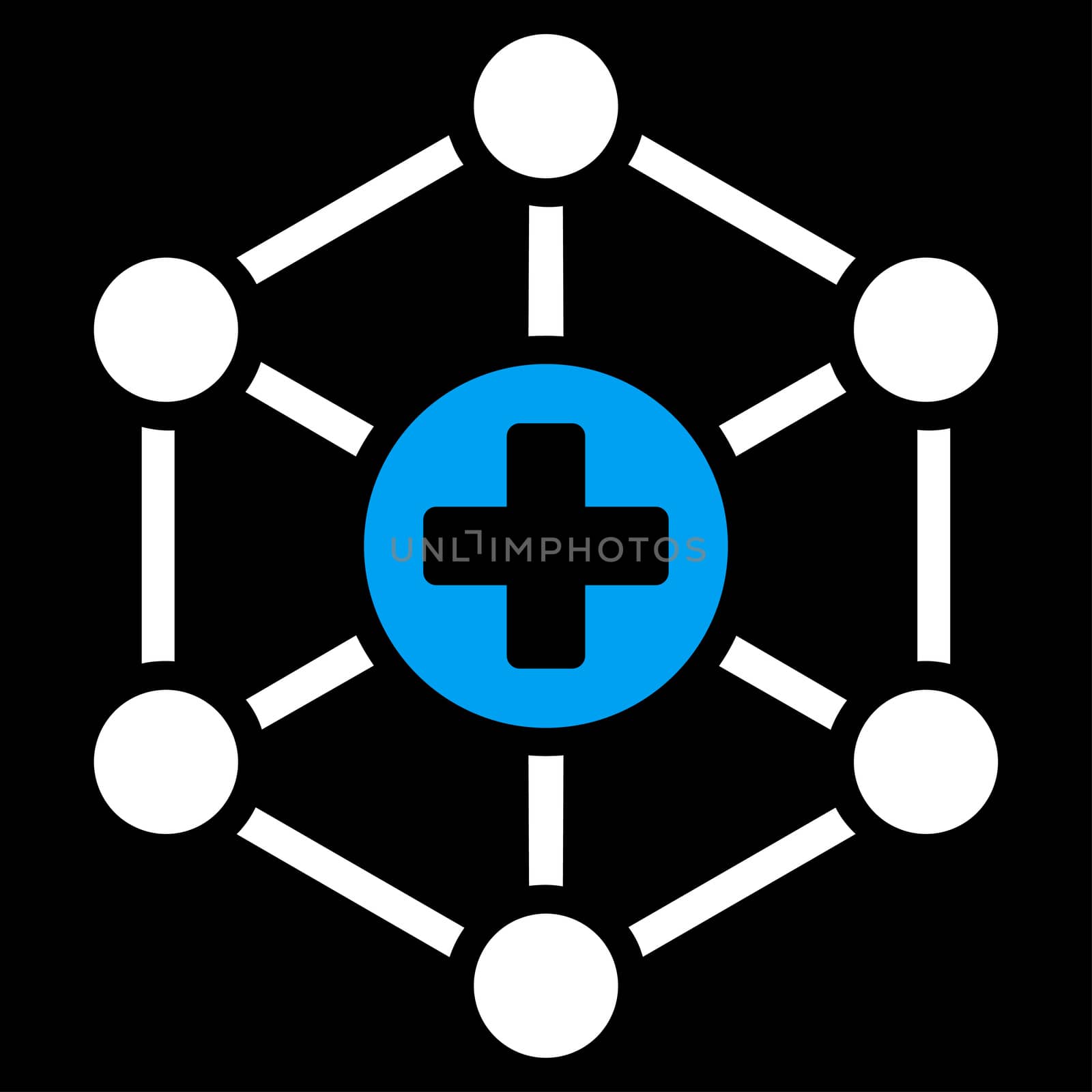 Medical Network raster icon. Style is bicolor flat symbol, blue and white colors, rounded angles, black background.