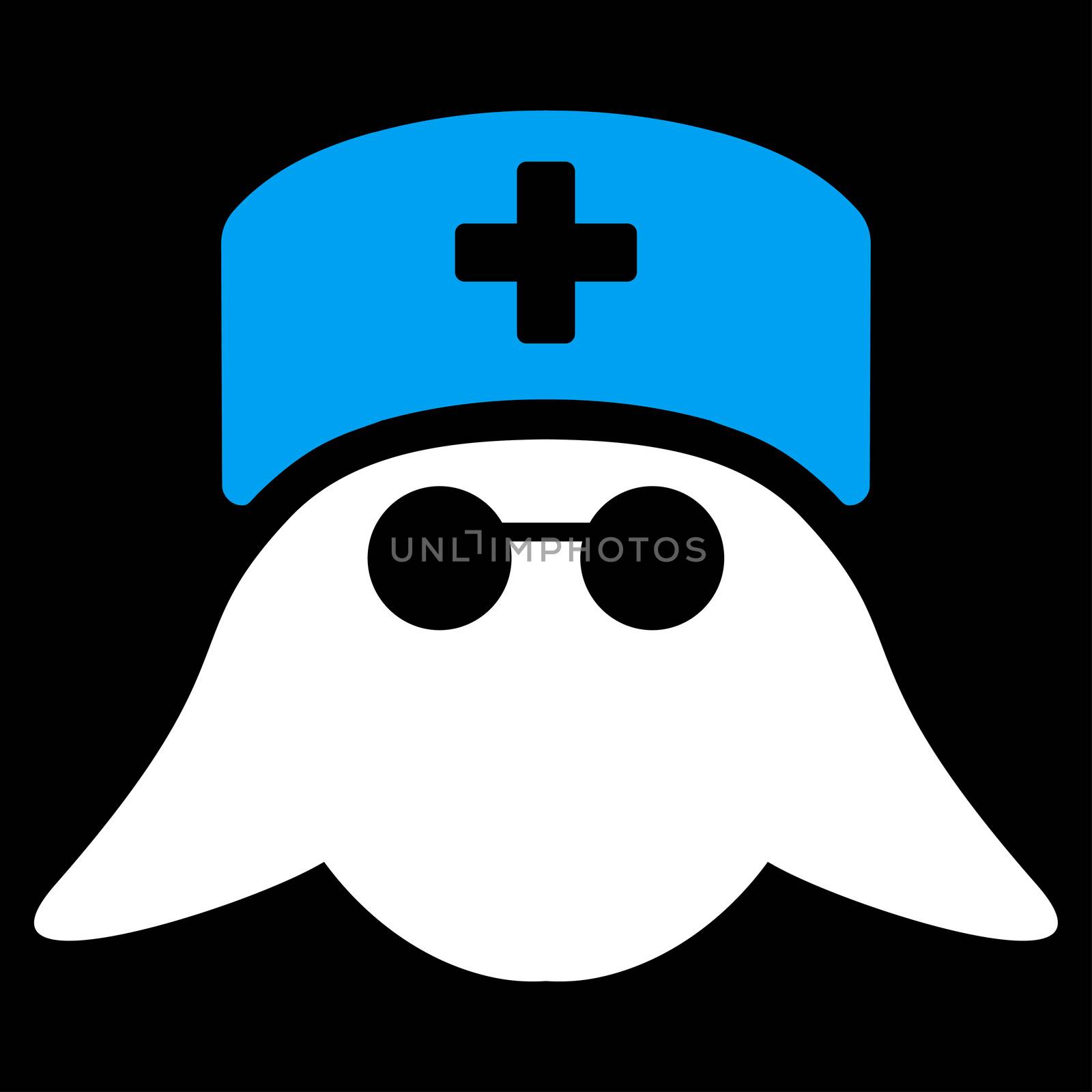 Medical Nurse Head raster icon. Style is bicolor flat symbol, blue and white colors, rounded angles, black background.
