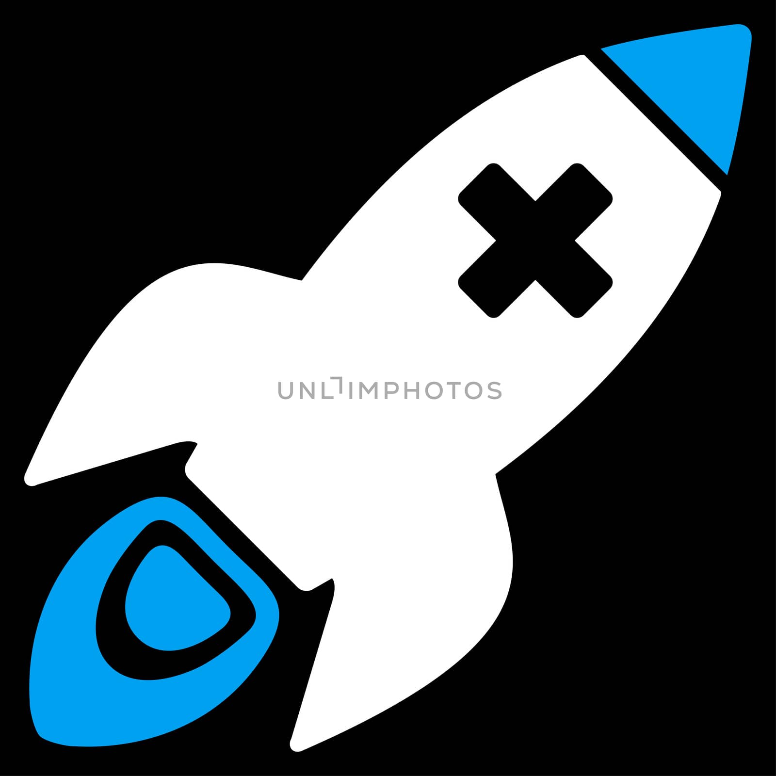 Medical Rocket raster icon. Style is bicolor flat symbol, blue and white colors, rounded angles, black background.