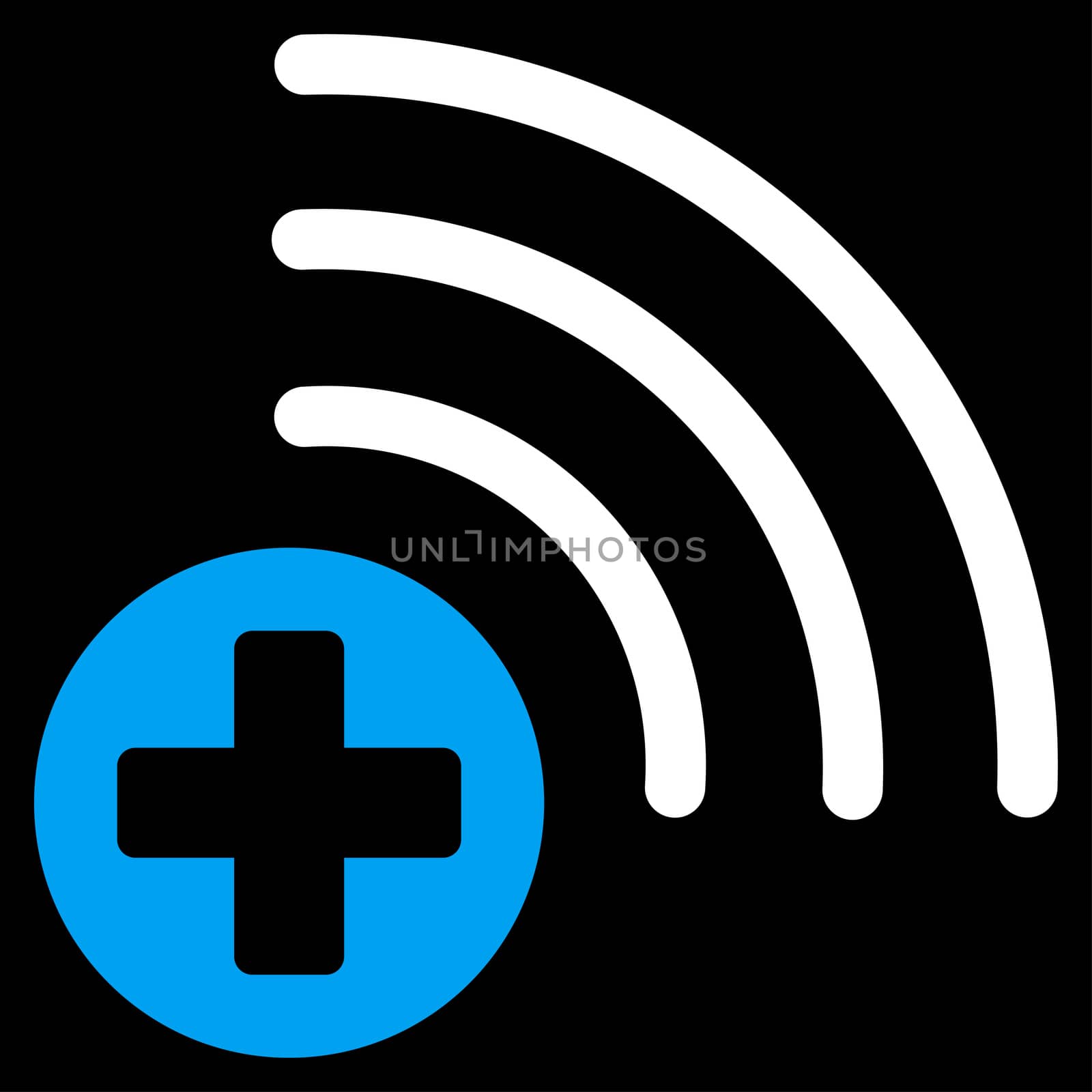 Medical Source raster icon. Style is bicolor flat symbol, blue and white colors, rounded angles, black background.
