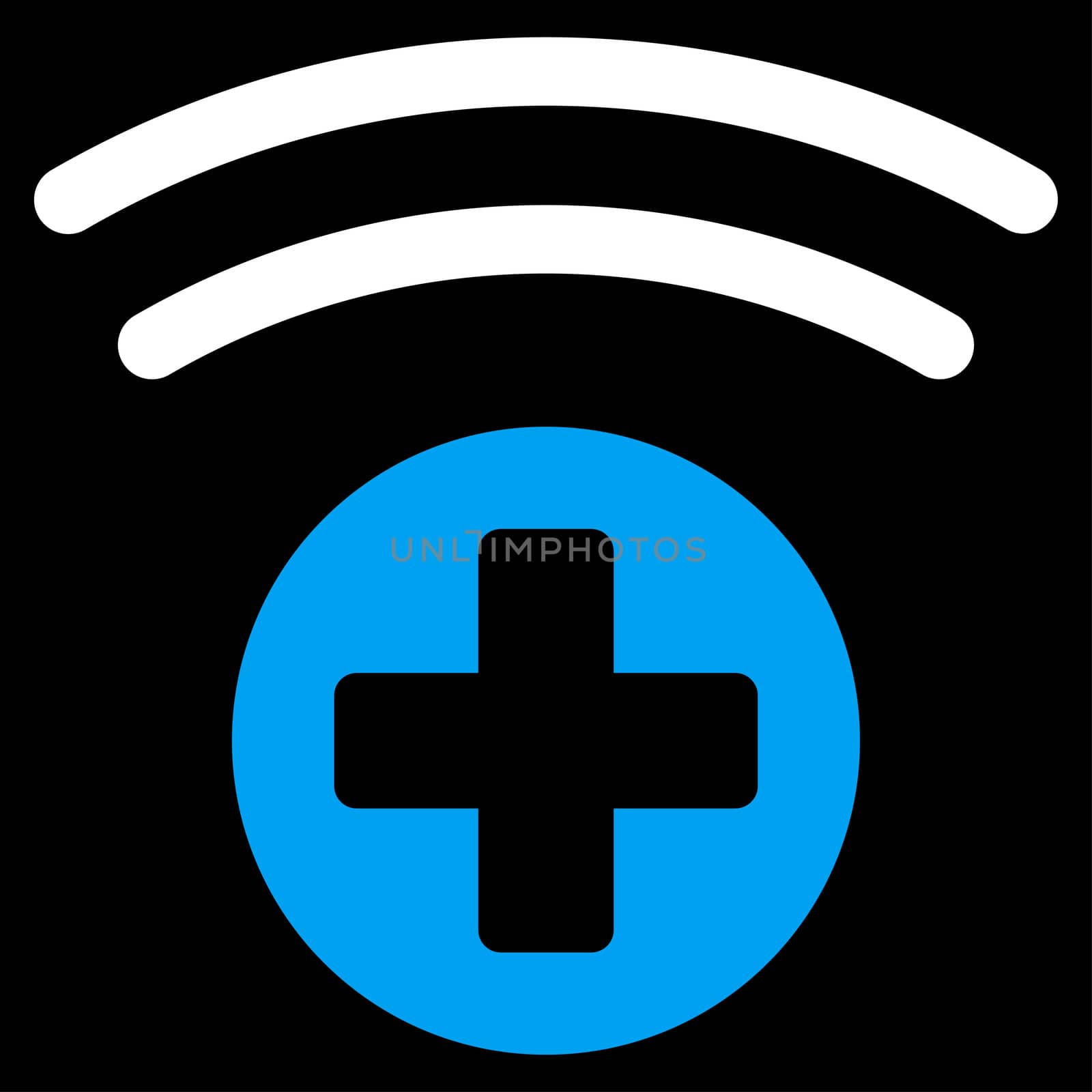 Medical Source raster icon. Style is bicolor flat symbol, blue and white colors, rounded angles, black background.