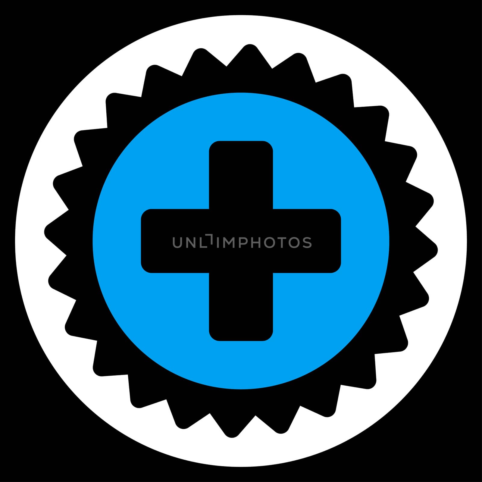 Medical Stamp raster icon. Style is bicolor flat symbol, blue and white colors, rounded angles, black background.
