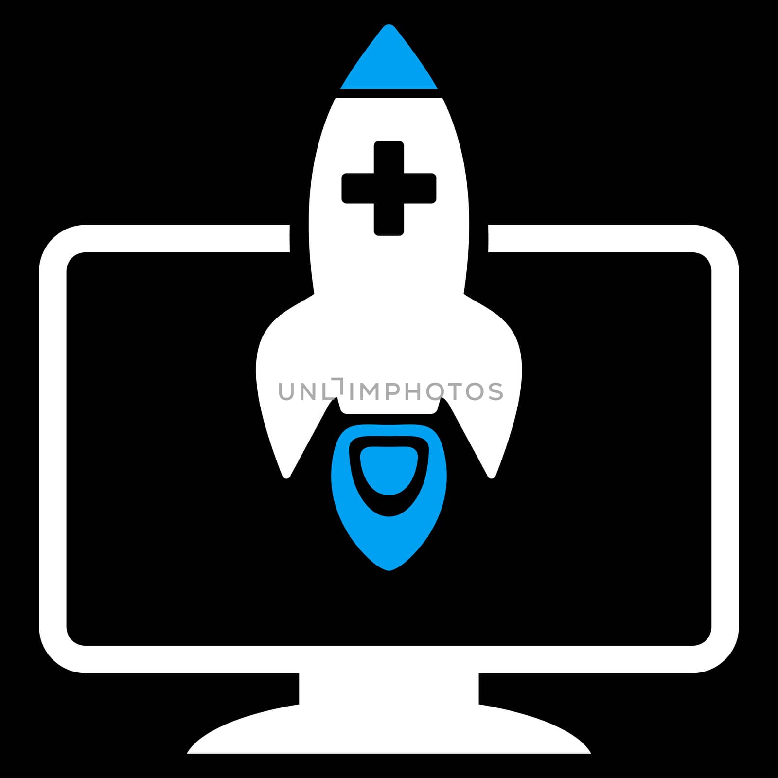 Medical Startup raster icon. Style is bicolor flat symbol, blue and white colors, rounded angles, black background.