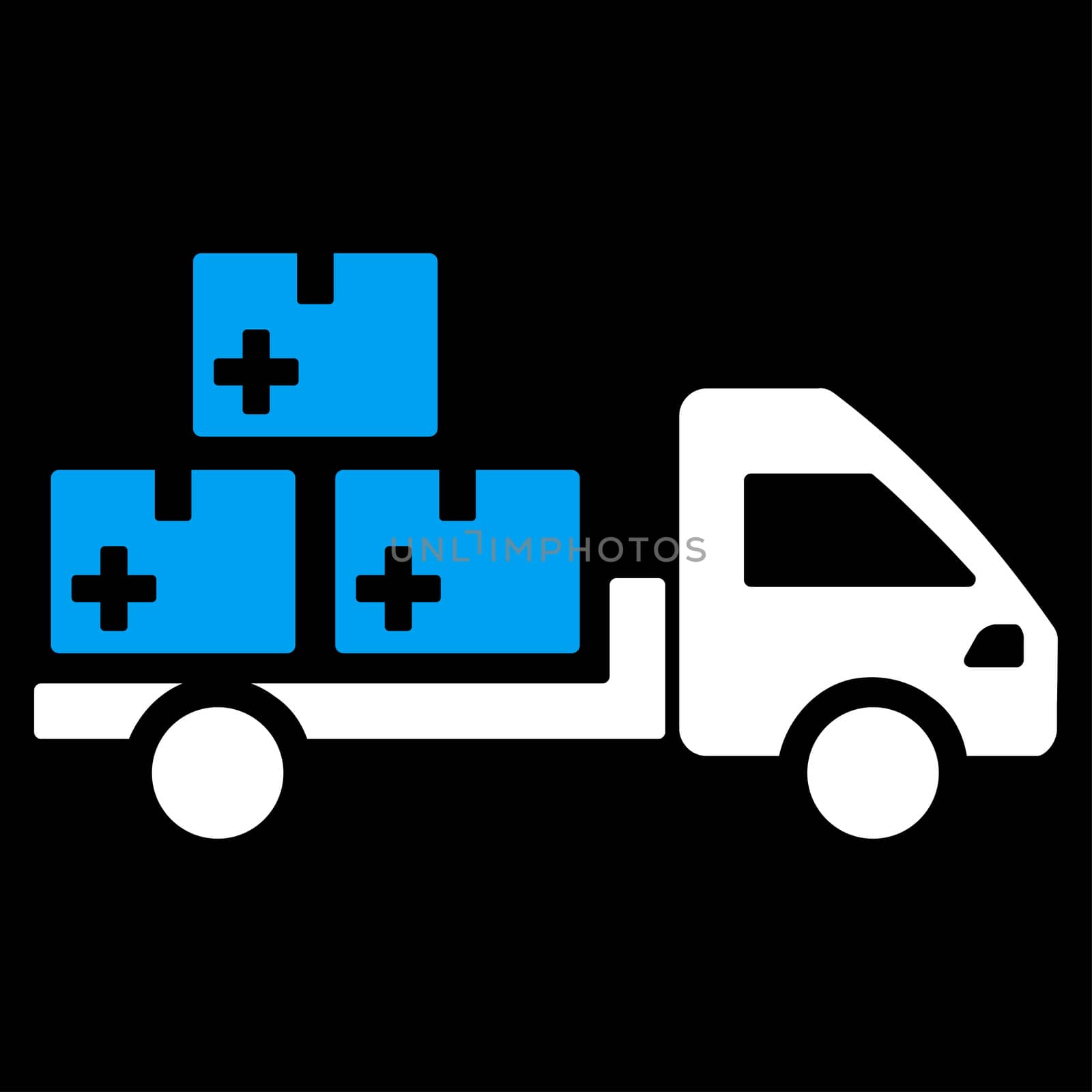 Medication Delivery raster icon. Style is bicolor flat symbol, blue and white colors, rounded angles, black background.