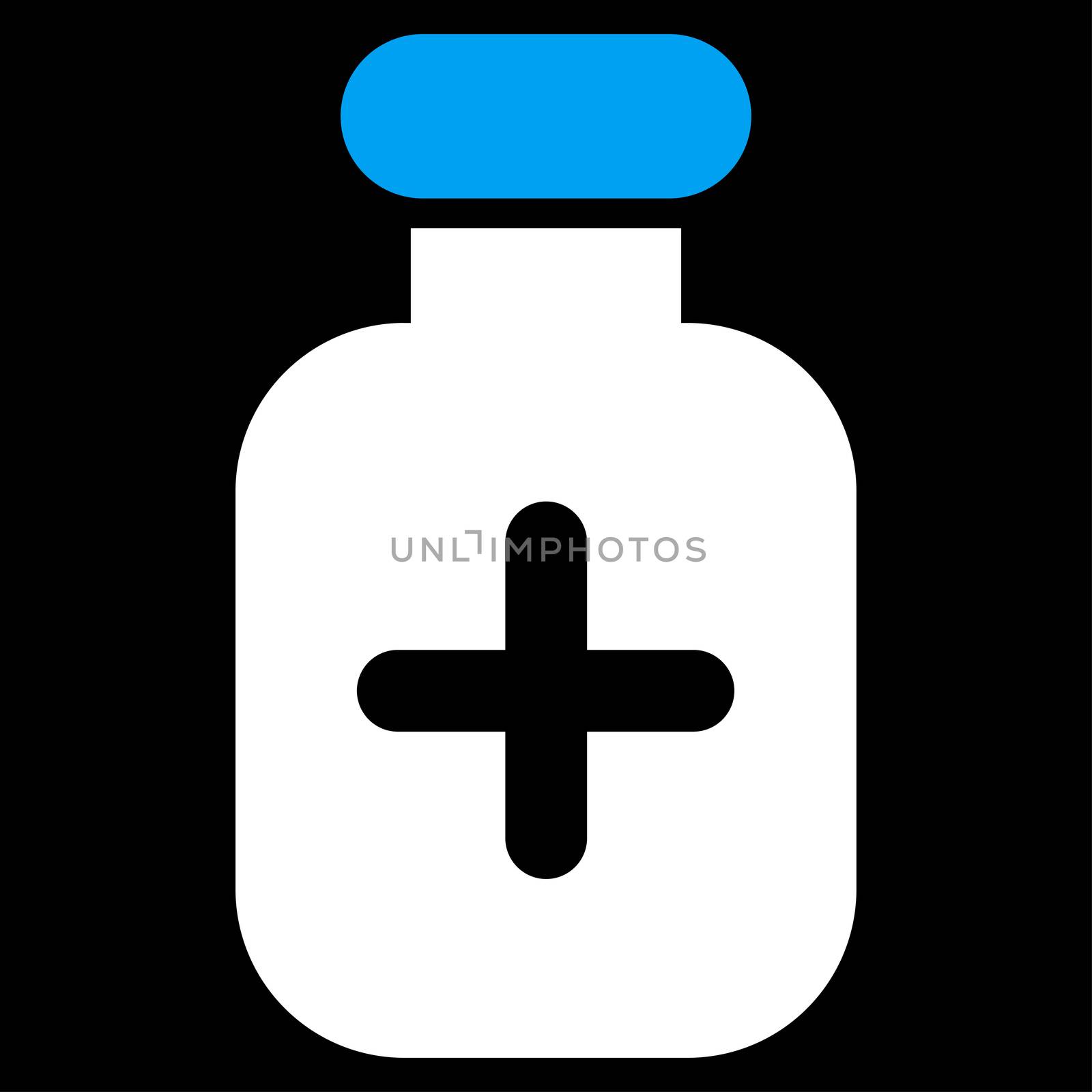 Medication Vial raster icon. Style is bicolor flat symbol, blue and white colors, rounded angles, black background.