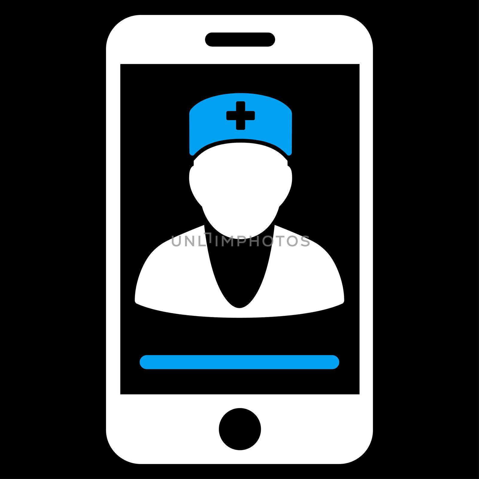 Mobile Doctor raster icon. Style is bicolor flat symbol, blue and white colors, rounded angles, black background.