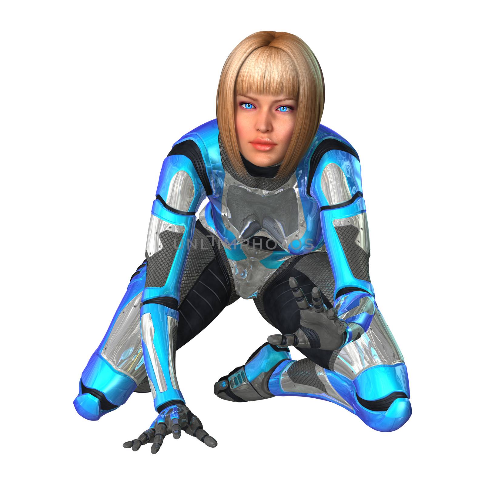 3D digital render of a female cyborg isolated on white background