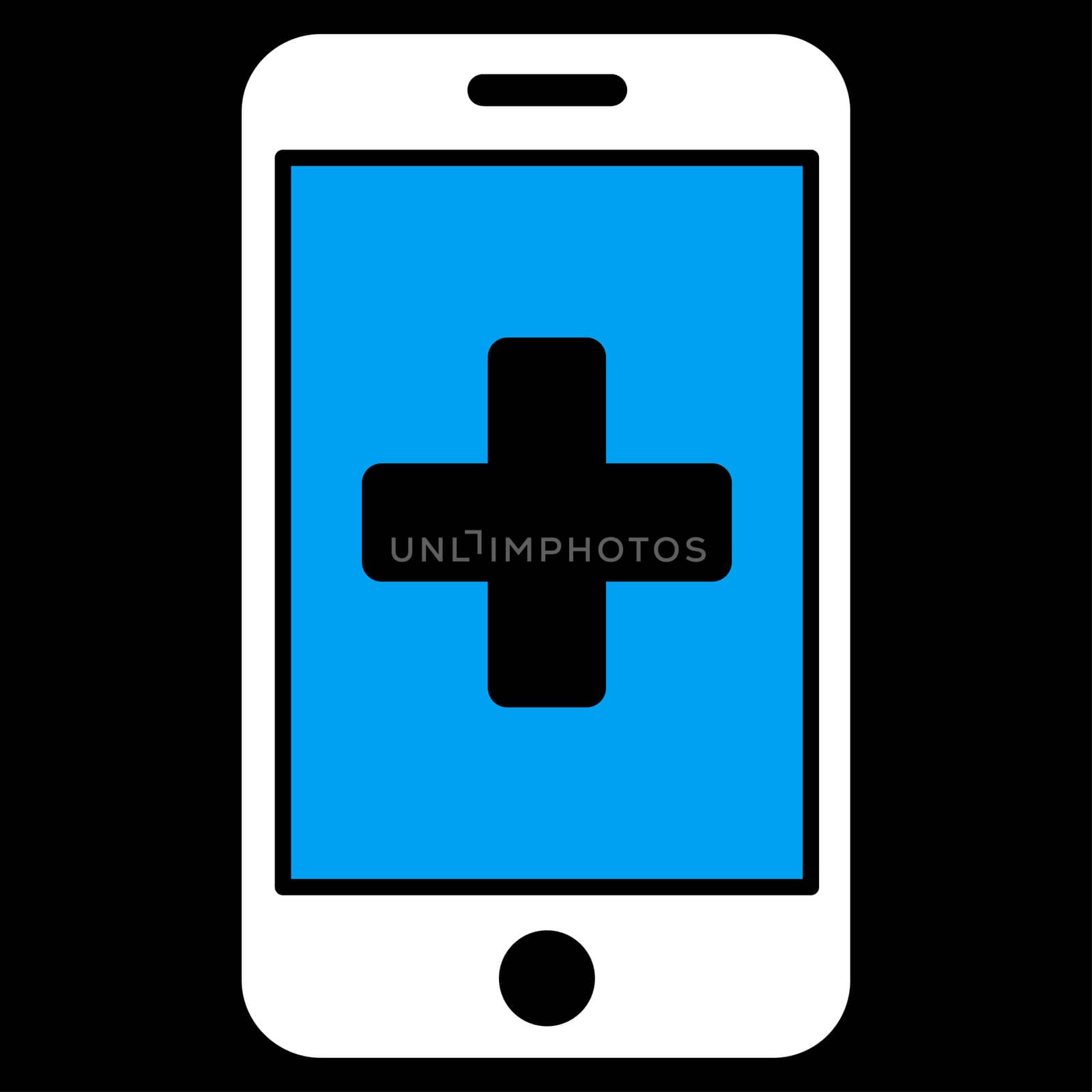 Mobile Medicine raster icon. Style is bicolor flat symbol, blue and white colors, rounded angles, black background.