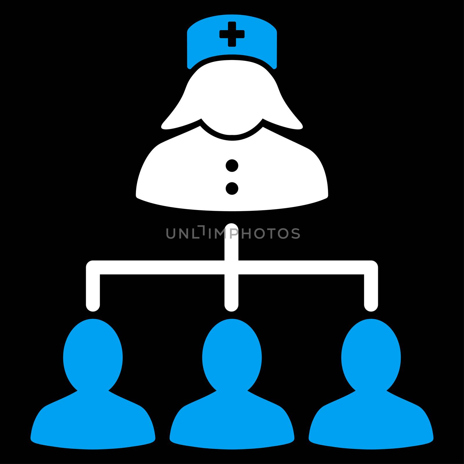Nurse Patients Connections raster icon. Style is bicolor flat symbol, blue and white colors, rounded angles, black background.