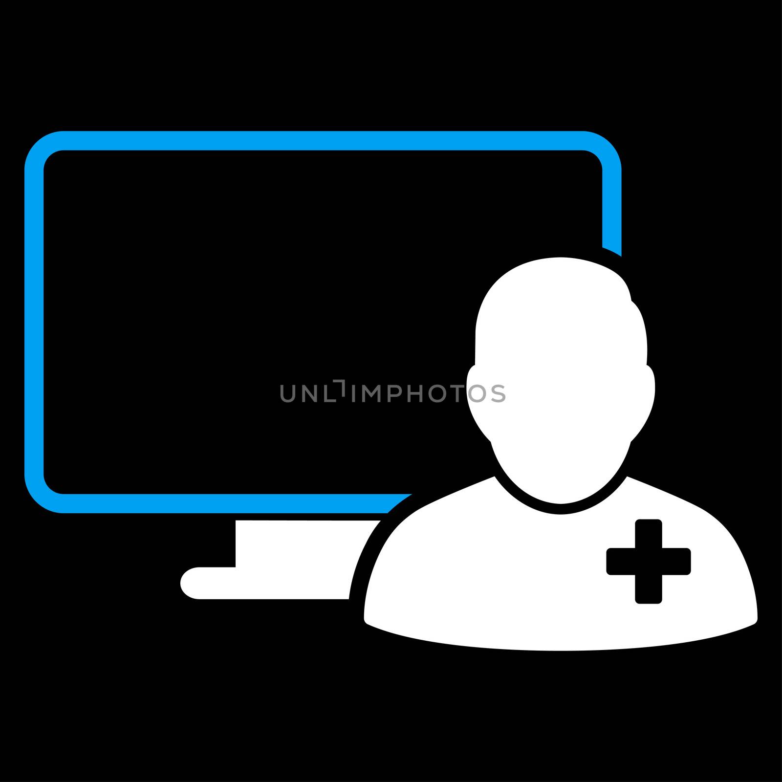 Online Doctor raster icon. Style is bicolor flat symbol, blue and white colors, rounded angles, black background.