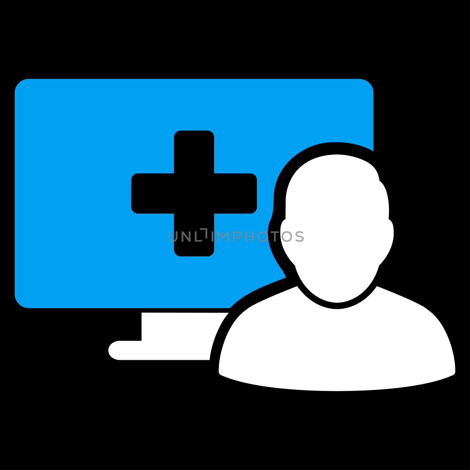 Online Medicine raster icon. Style is bicolor flat symbol, blue and white colors, rounded angles, black background.