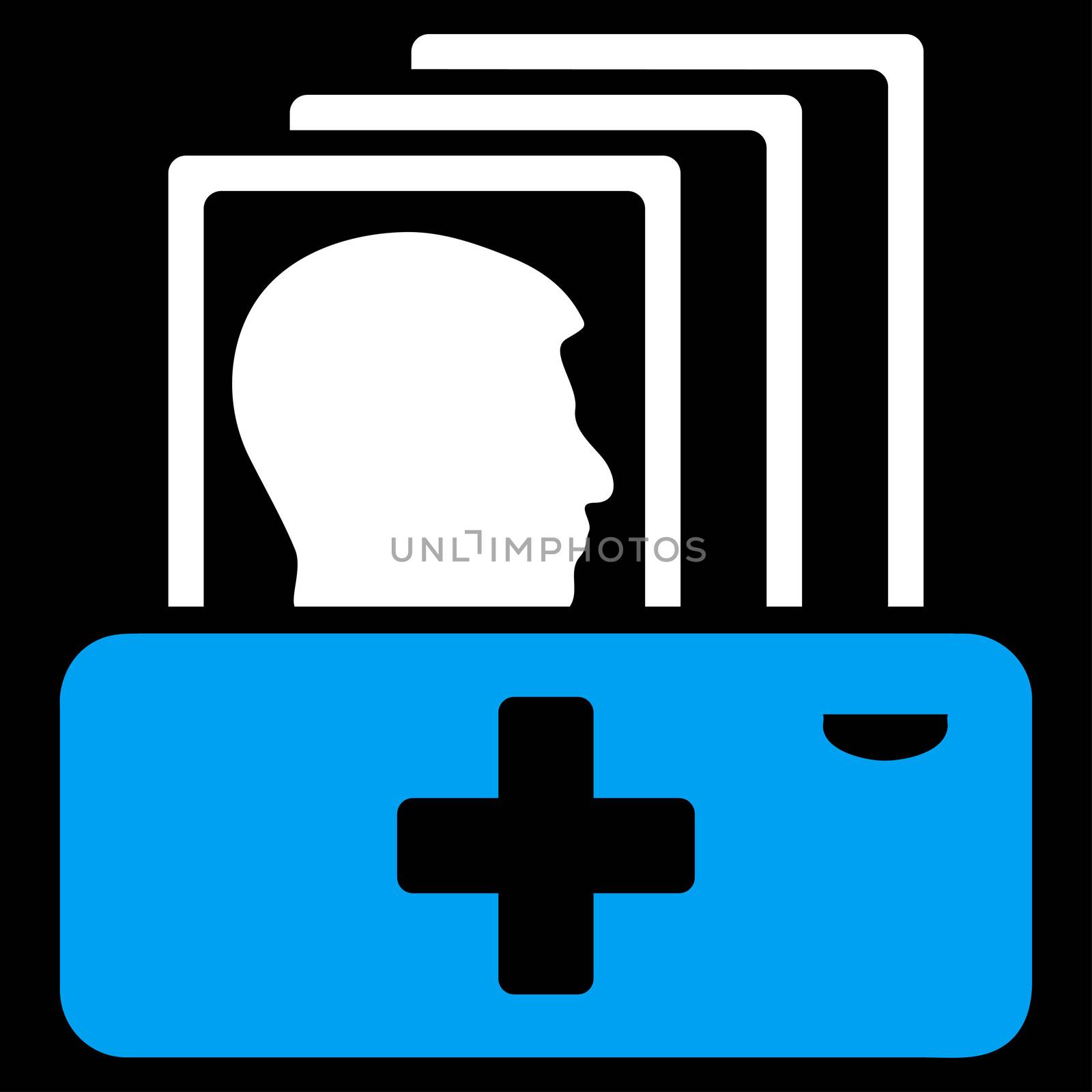 Patient Catalog raster icon. Style is bicolor flat symbol, blue and white colors, rounded angles, black background.