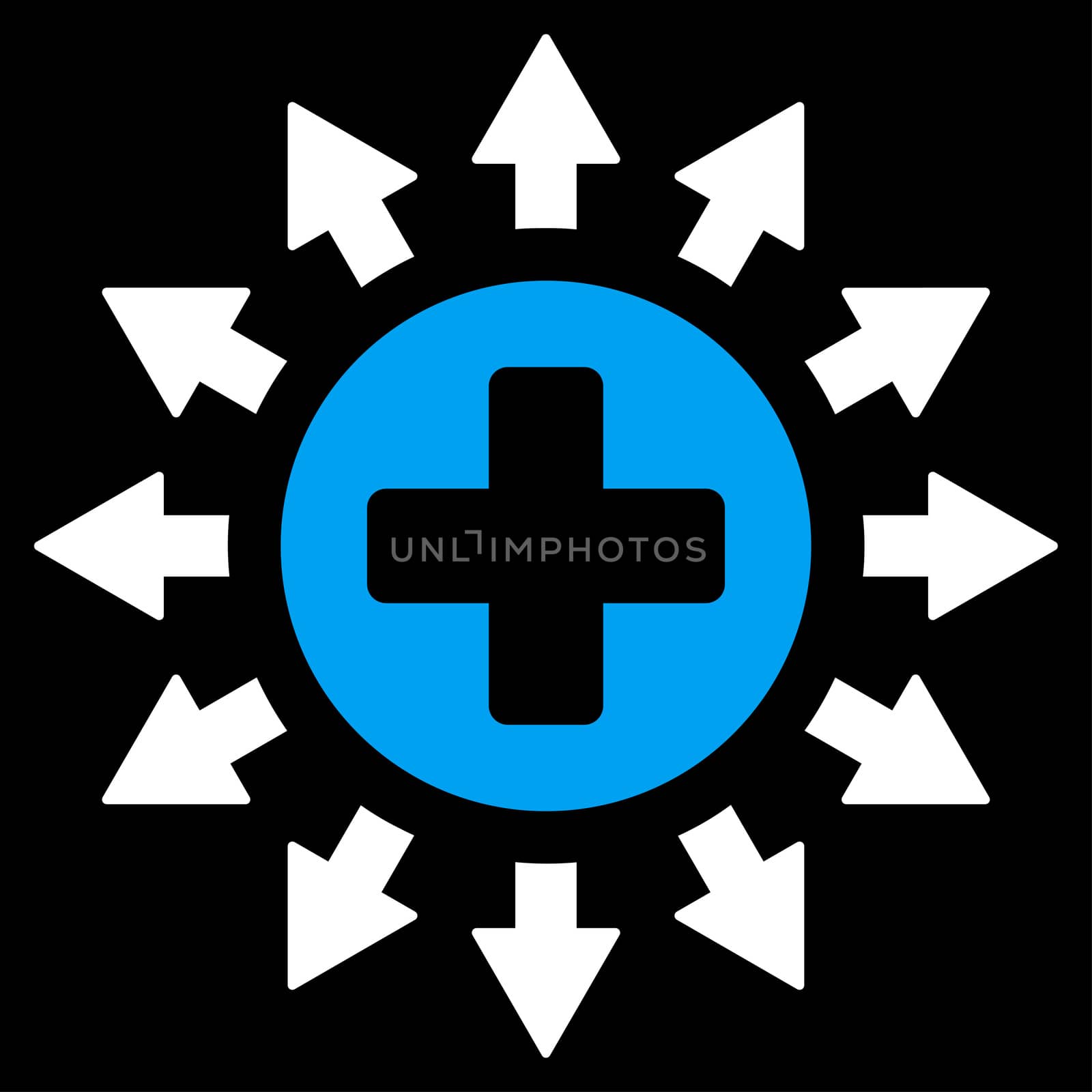 Pharmacy Distribution raster icon. Style is bicolor flat symbol, blue and white colors, rounded angles, black background.