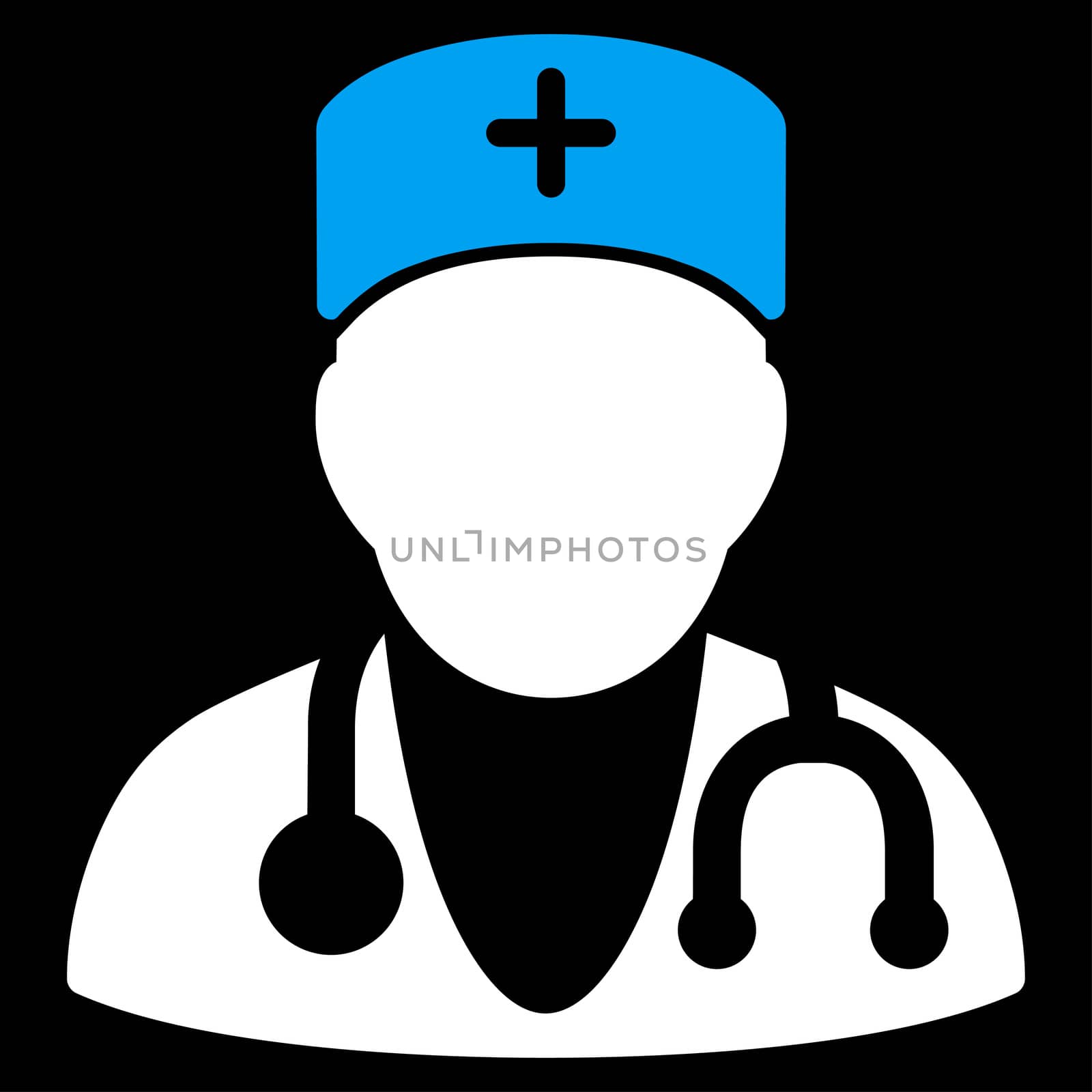 Physician raster icon. Style is bicolor flat symbol, blue and white colors, rounded angles, black background.