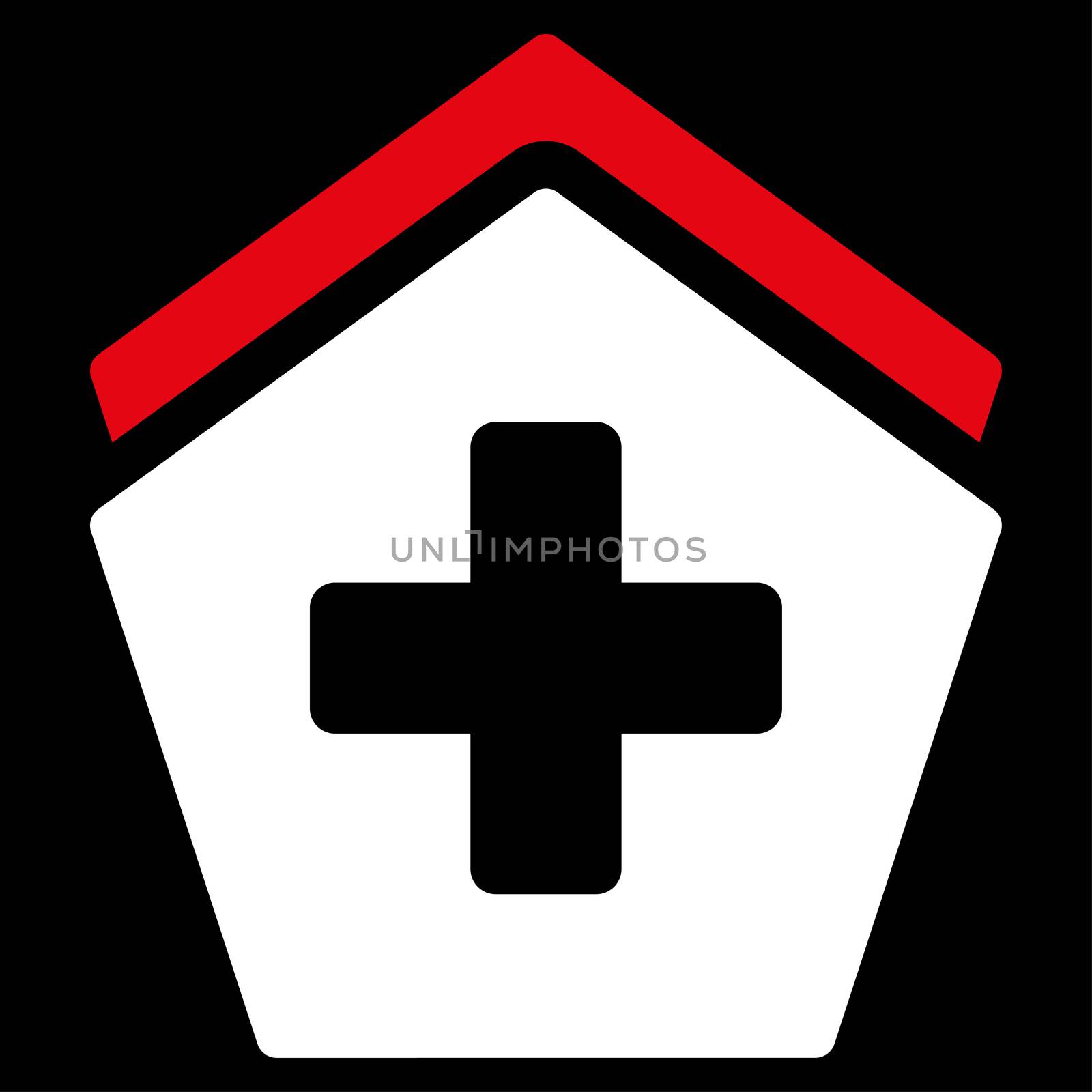 Clinic Building raster icon. Style is bicolor flat symbol, red and white colors, rounded angles, black background.