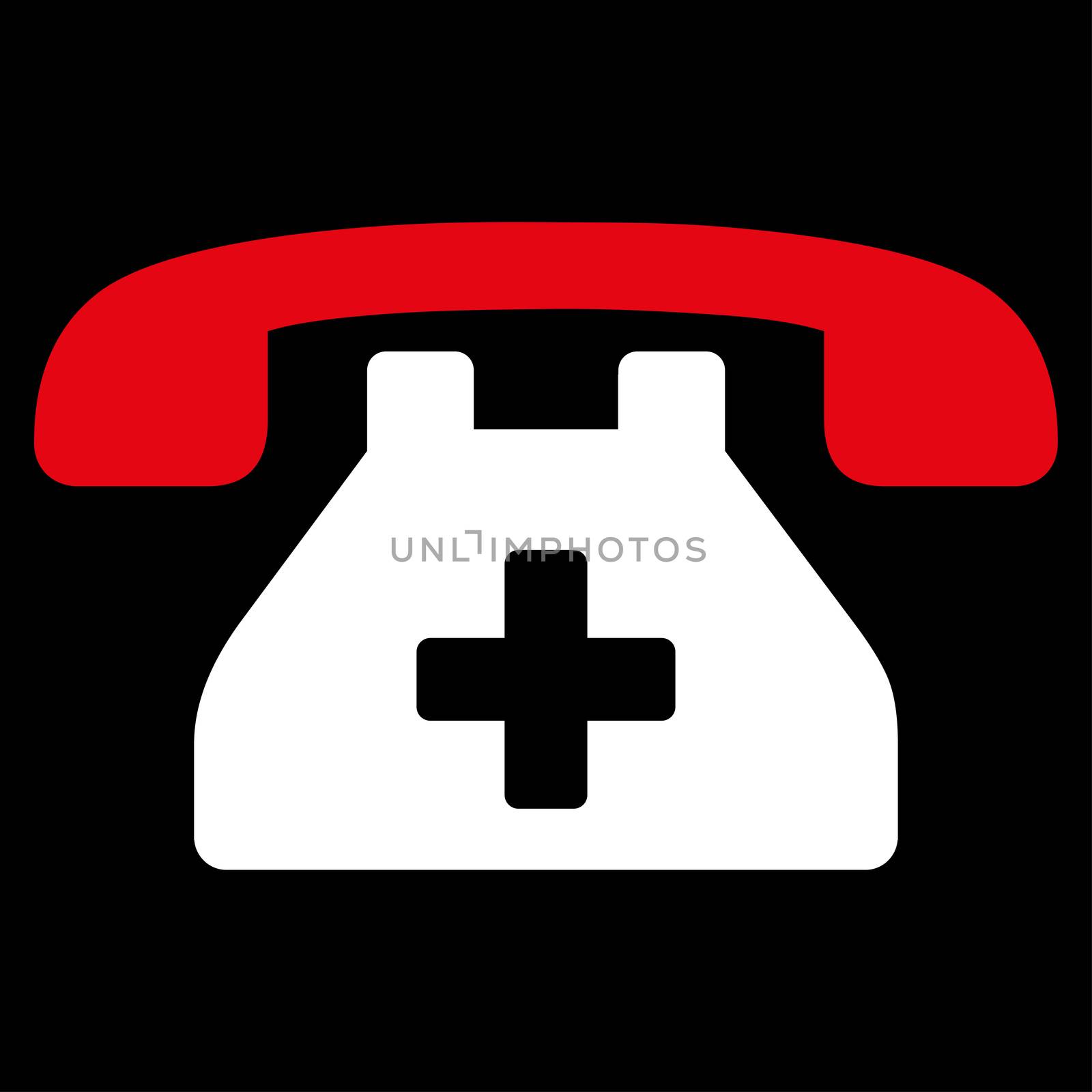 Clinic Phone raster icon. Style is bicolor flat symbol, red and white colors, rounded angles, black background.