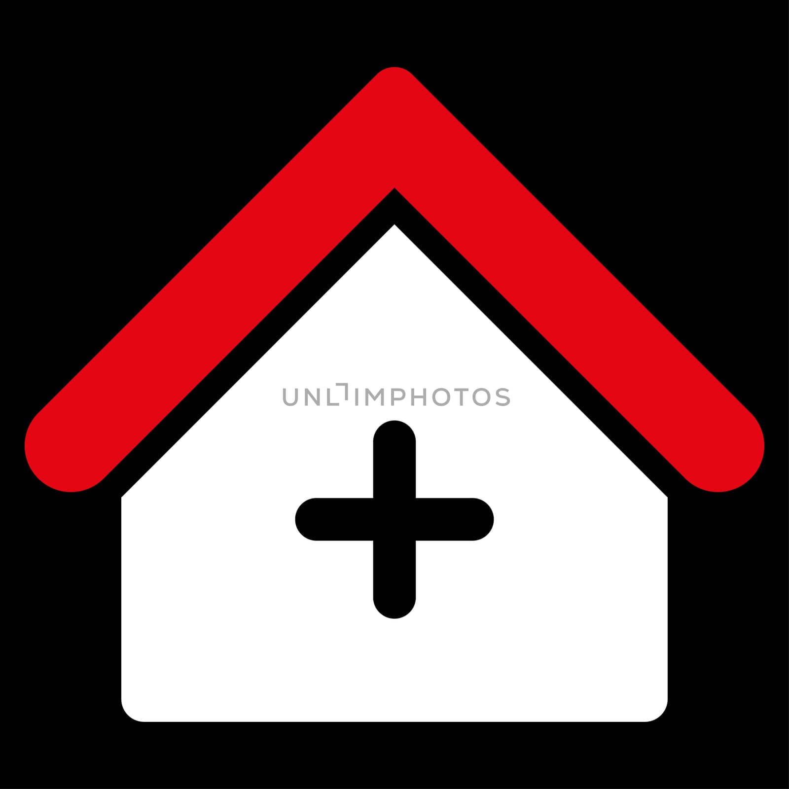 Clinic raster icon. Style is bicolor flat symbol, red and white colors, rounded angles, black background.